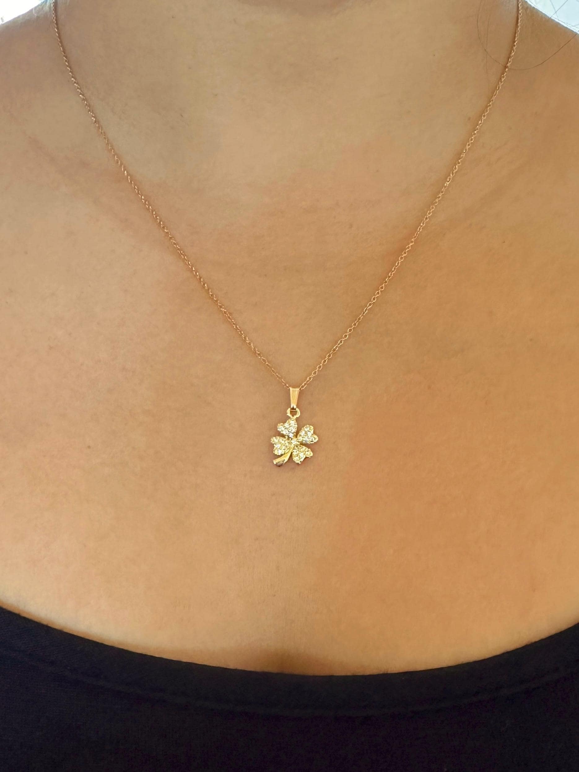 14K Gold Filled Sparkling 4-Leaf Clover Shamrock Charm Necklace Cubic Zirconia Studded
