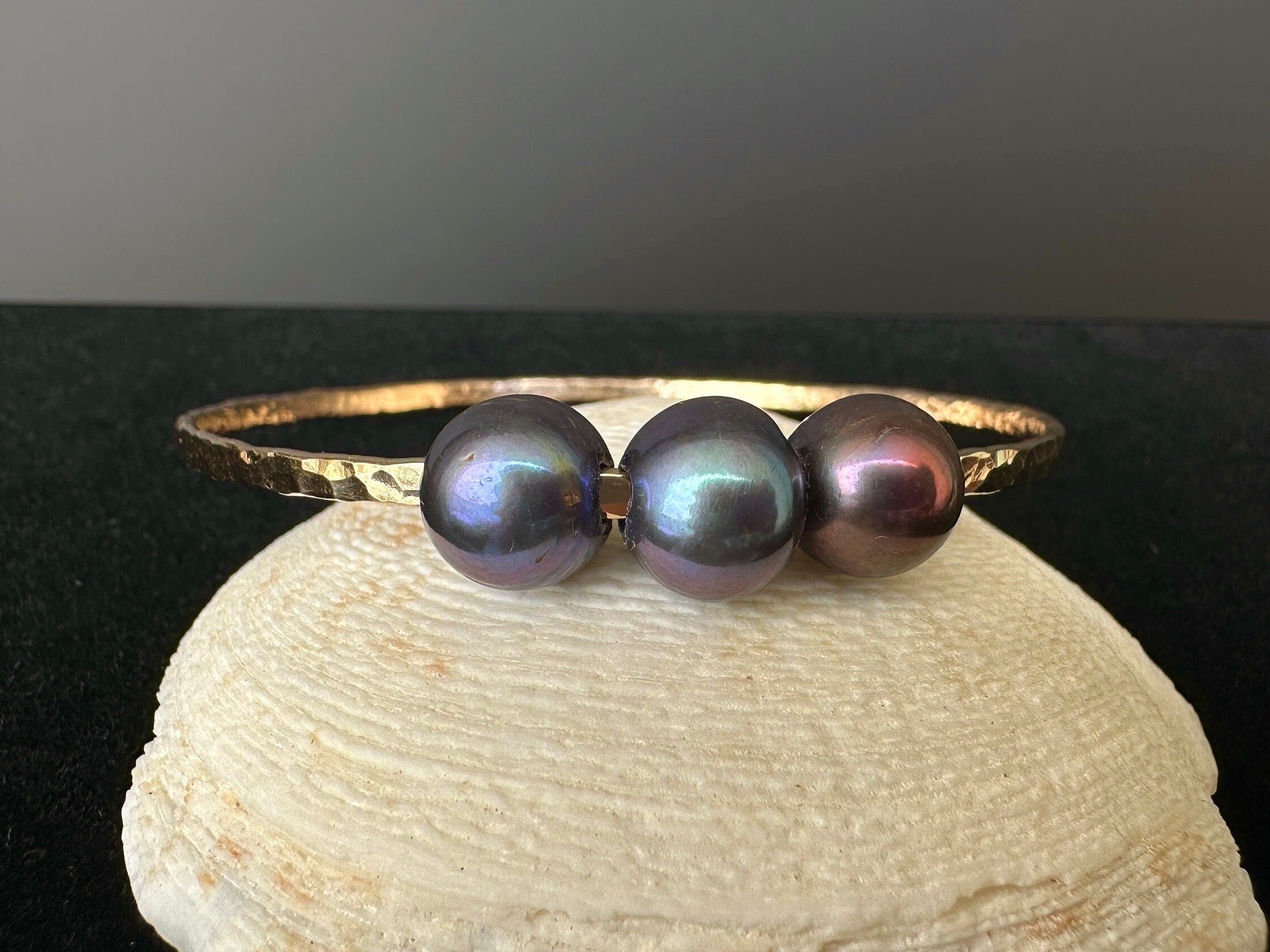 Triple Peacock Blue Freshwater Pearl Hammered Bangle