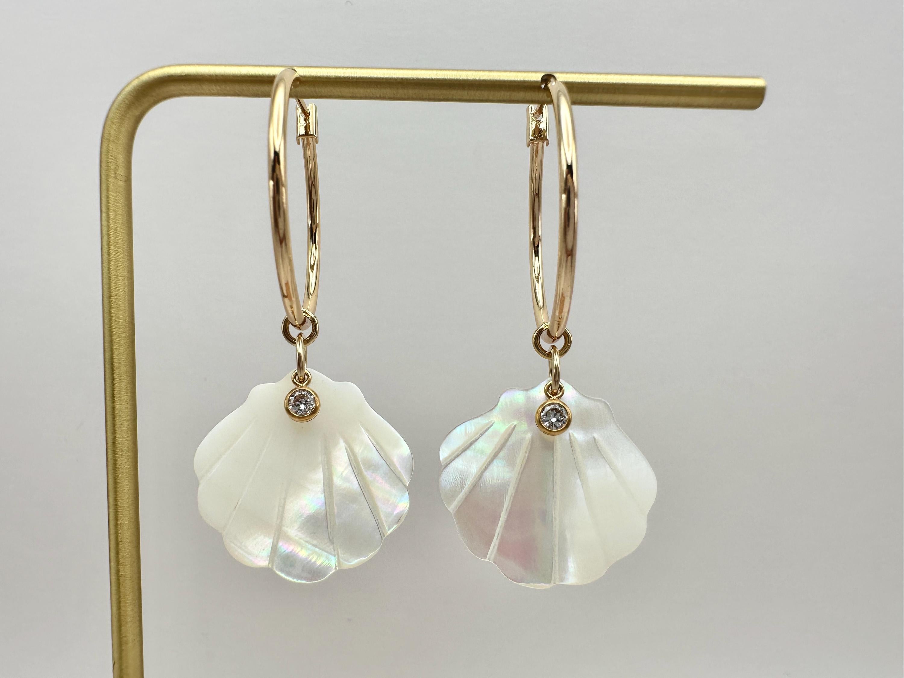 Mother of Pearl Scallop Shell with Sparkling Cubic Zirconia Charm 18K Gold Filled Hoop Earrings
