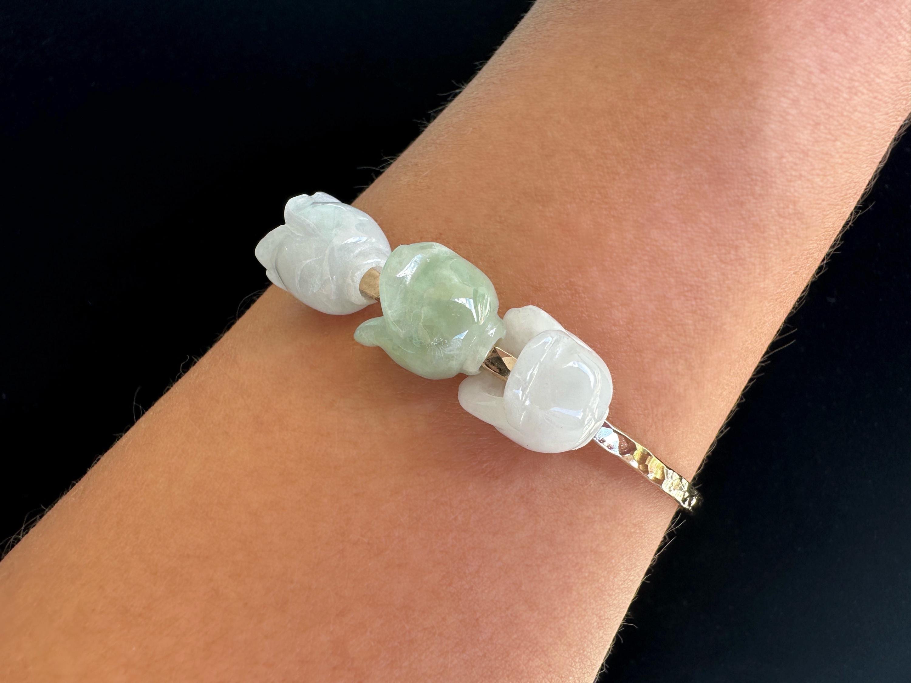 Triple Jade Flower Hammered Bangle with Type A Natural Untreated Burmese Jadeite