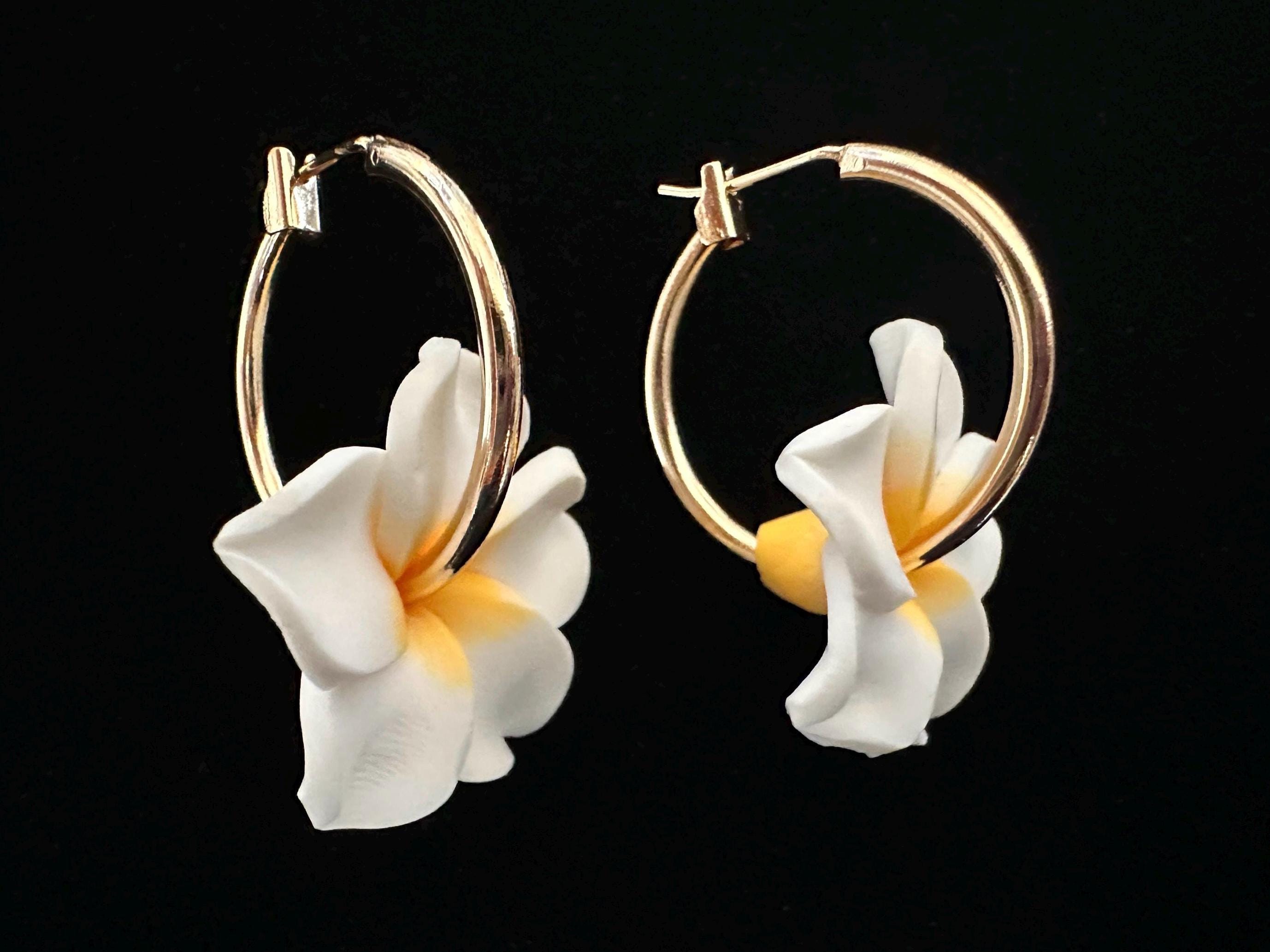 Gold Hoop Plumeria Earrings Hawaiian Frangipani Polymer Clay Flowers