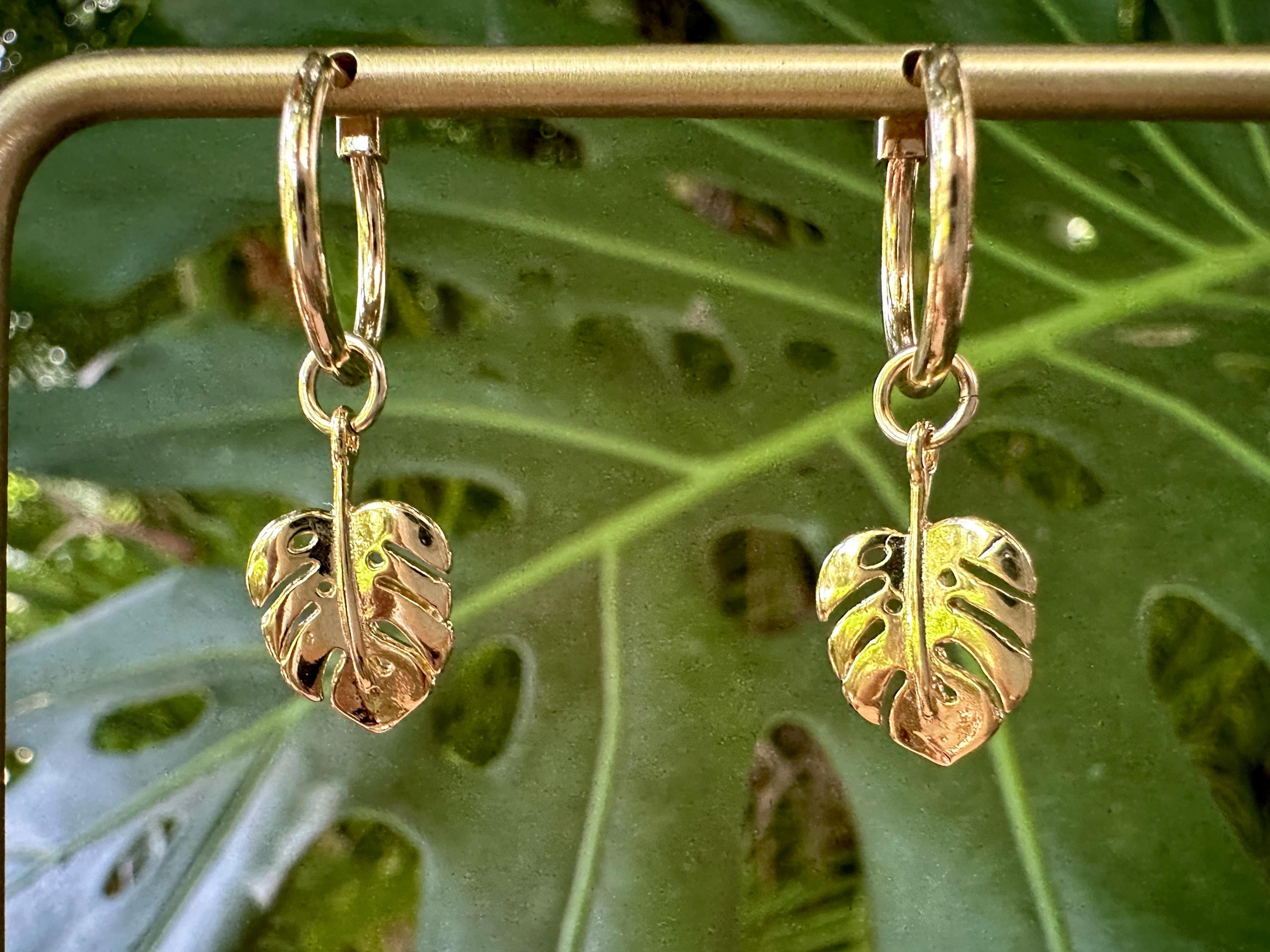 Monstera Leaf Charm 18K Gold Filled Hoop Earrings