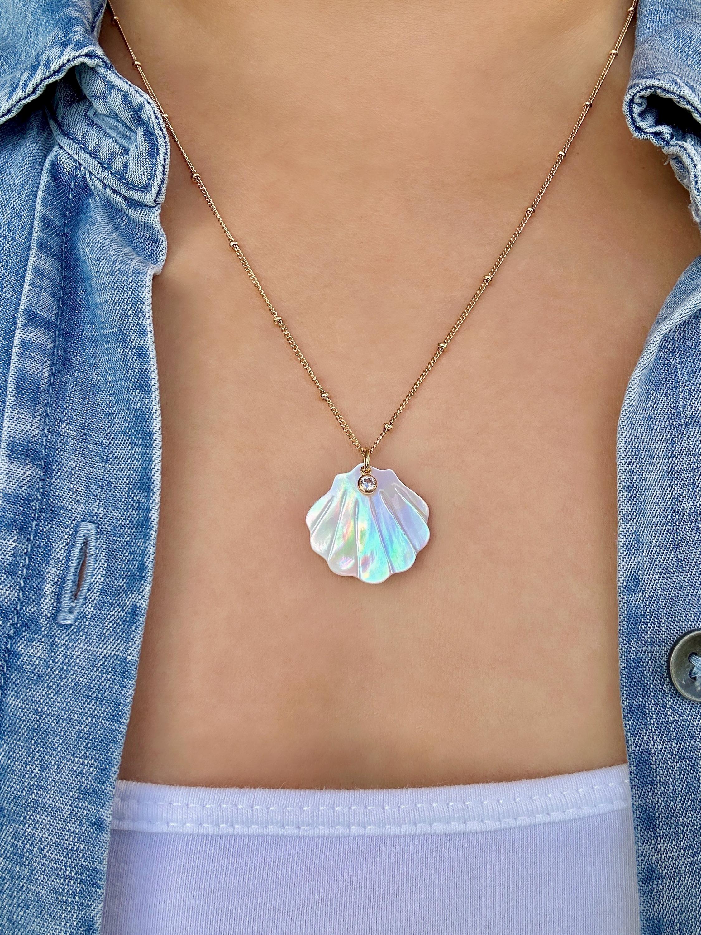 Mother of Pearl Scallop Shell with Sparkling Cubic Zirconia Charm Necklace on 14K Gold Filled Chain