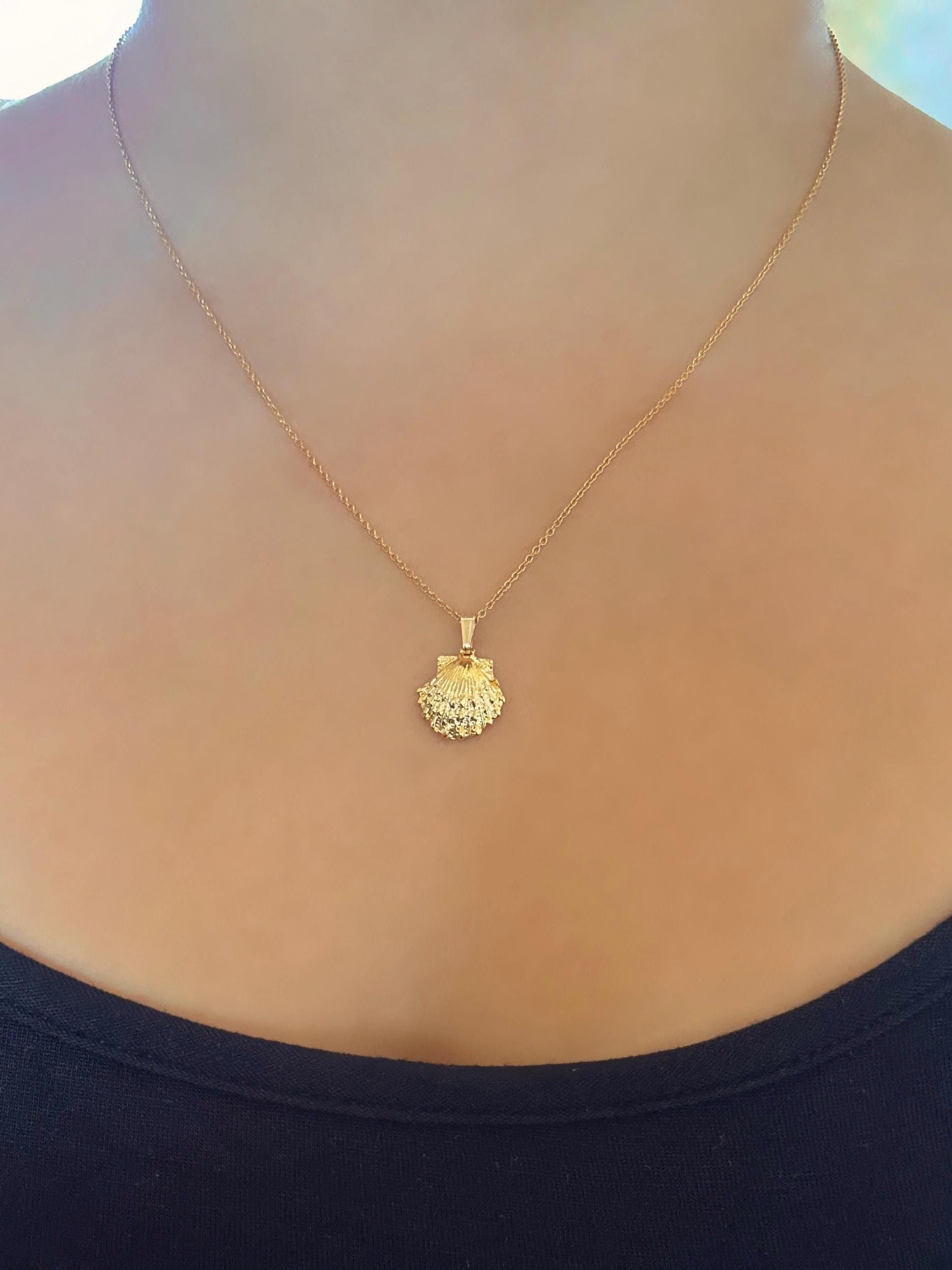 Medium Sunrise Scallop Shell Charm Necklace on 14K Gold Filled Chain