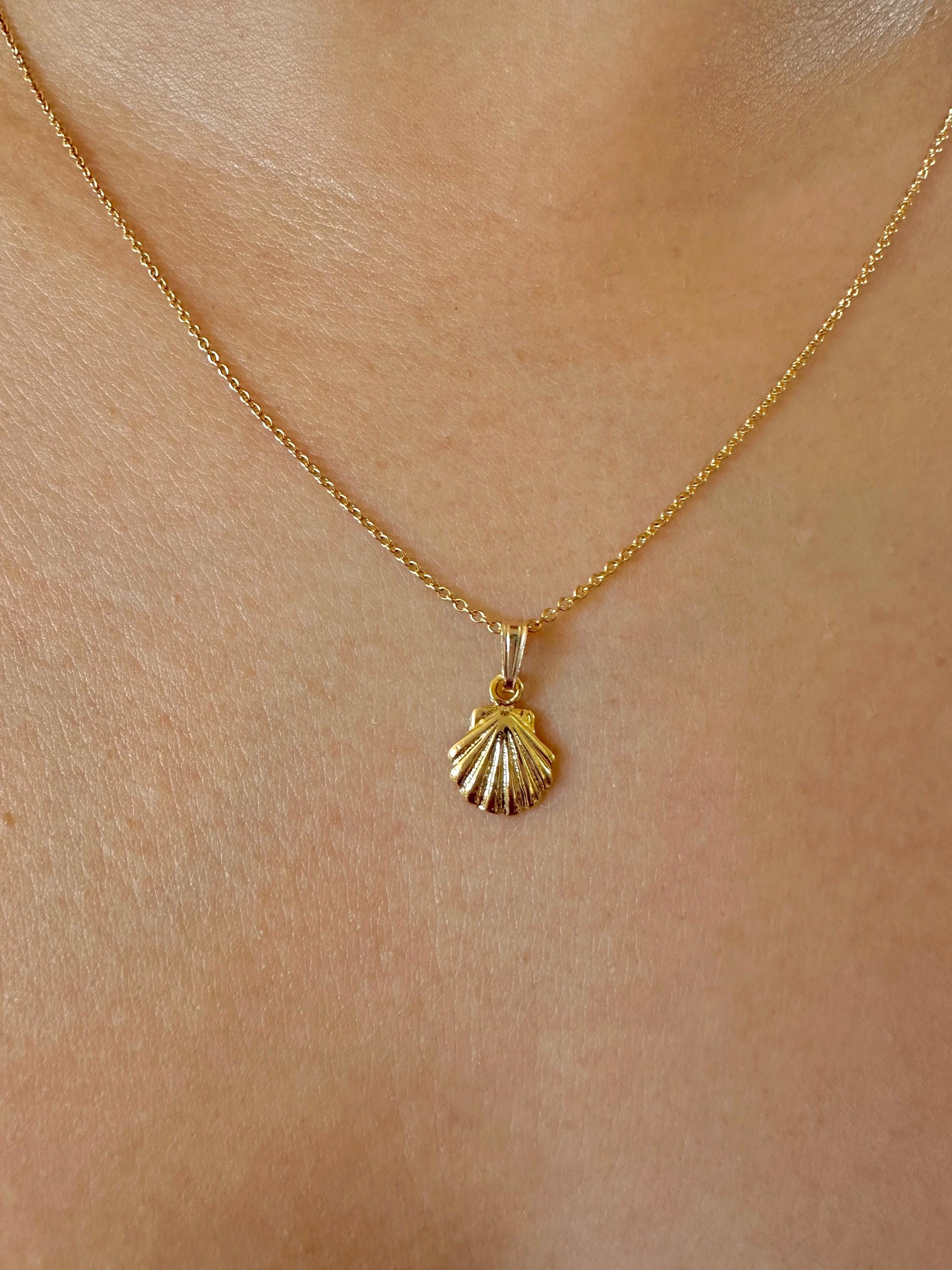 Small Scallop Shell Charm Necklace on 14K Gold Filled Chain