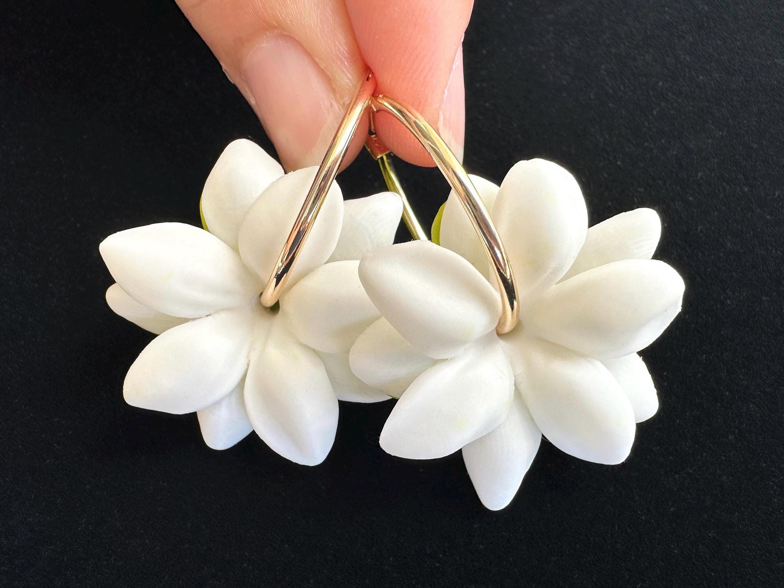 White Pikake 18K Gold Filled Hoop Earrings Hawaiian Jasmine Clay Flowers