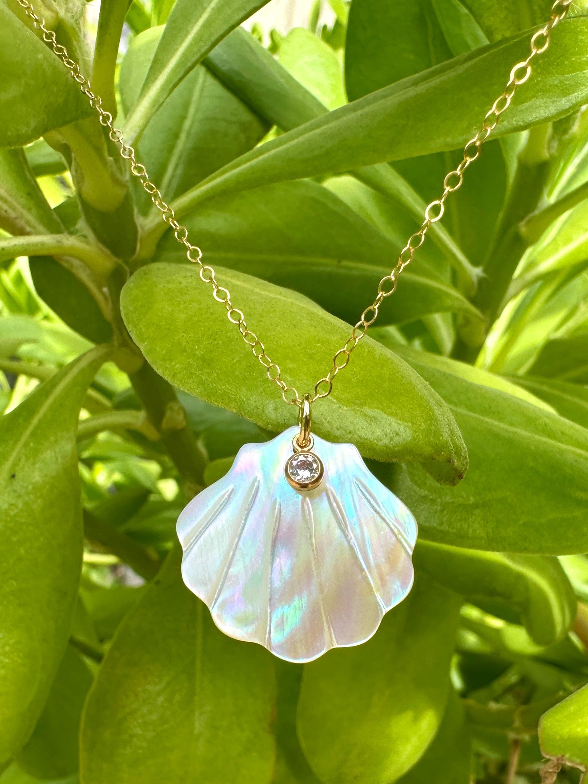 Mother of Pearl Scallop Shell with Sparkling Cubic Zirconia Charm Necklace on 14K Gold Filled Chain