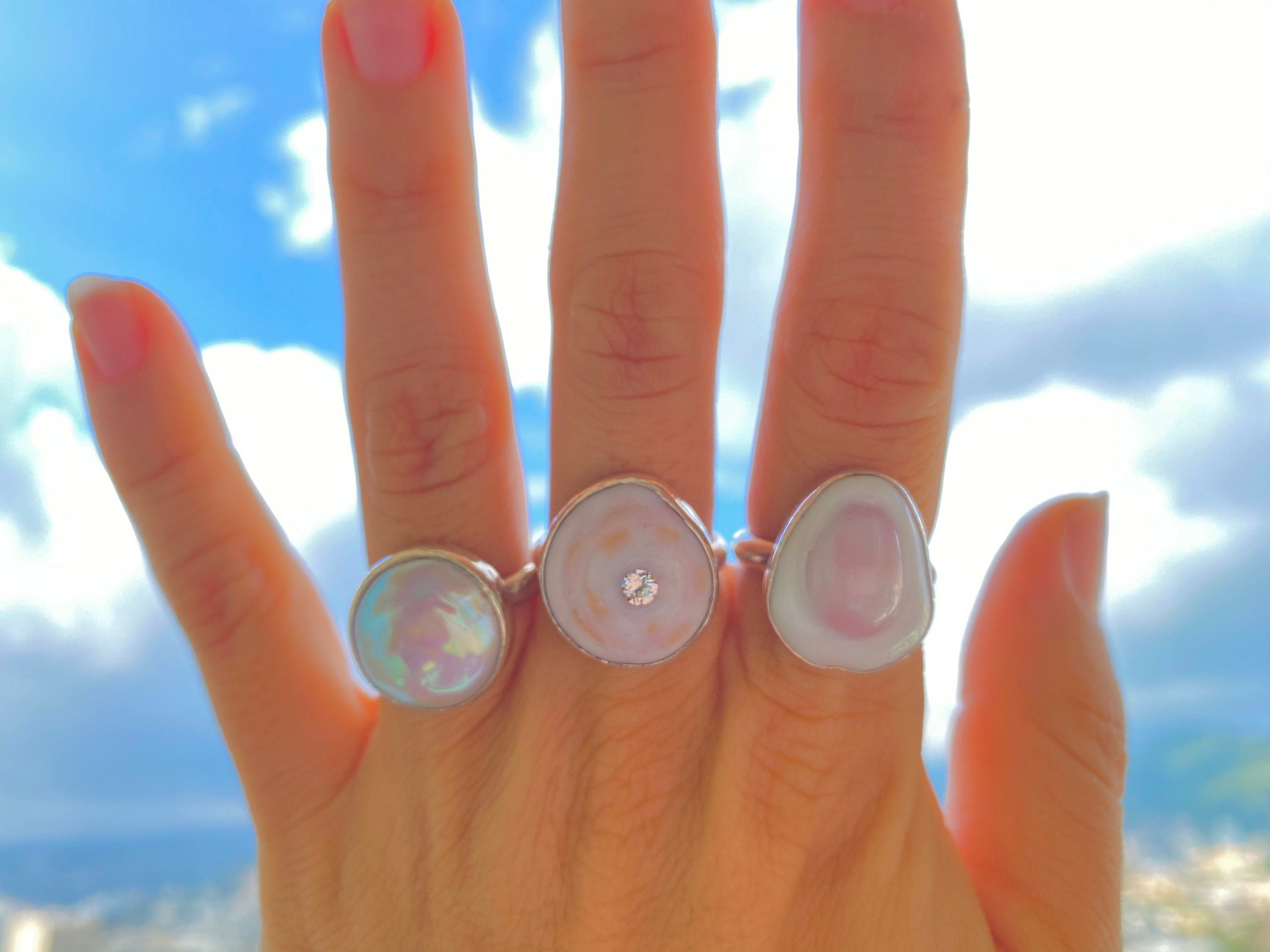 Hawaiian Puka Shell with Swarovski Crystal Sterling Silver Bezel Set Ring
