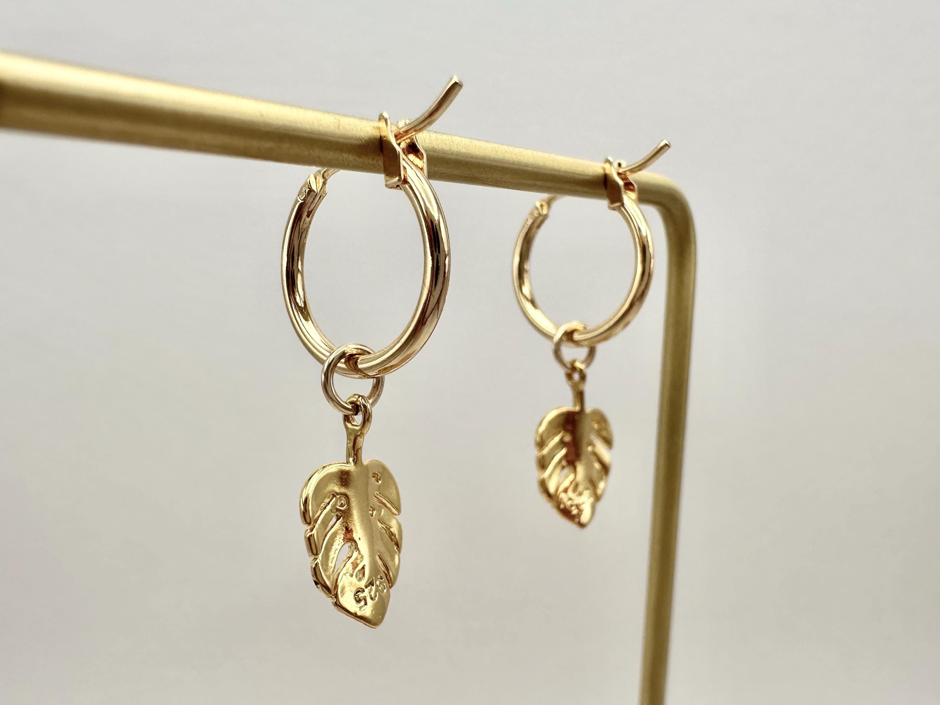 Monstera Leaf Charm 18K Gold Filled Hoop Earrings