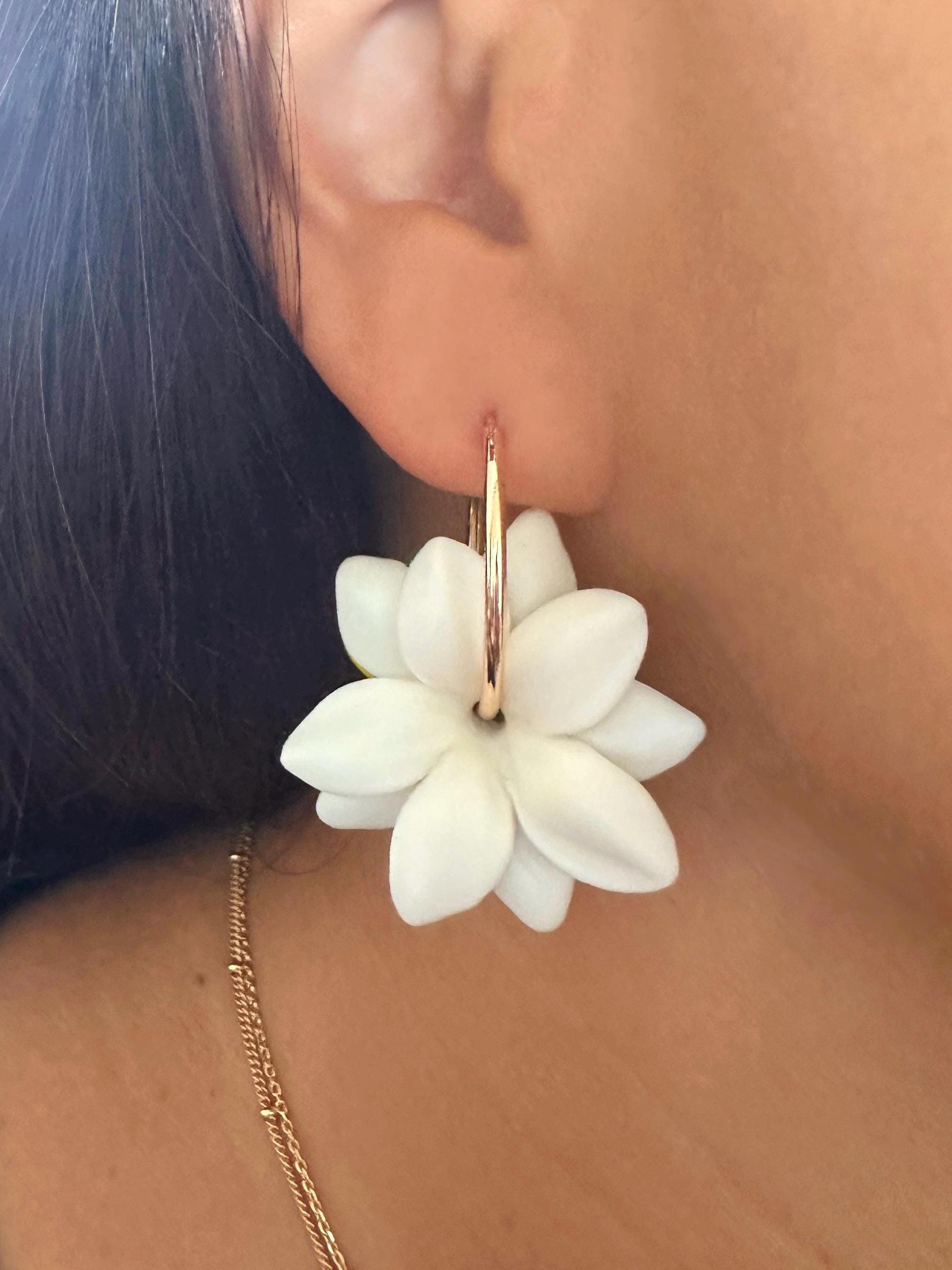 White Pikake 18K Gold Filled Hoop Earrings Hawaiian Jasmine Clay Flowers