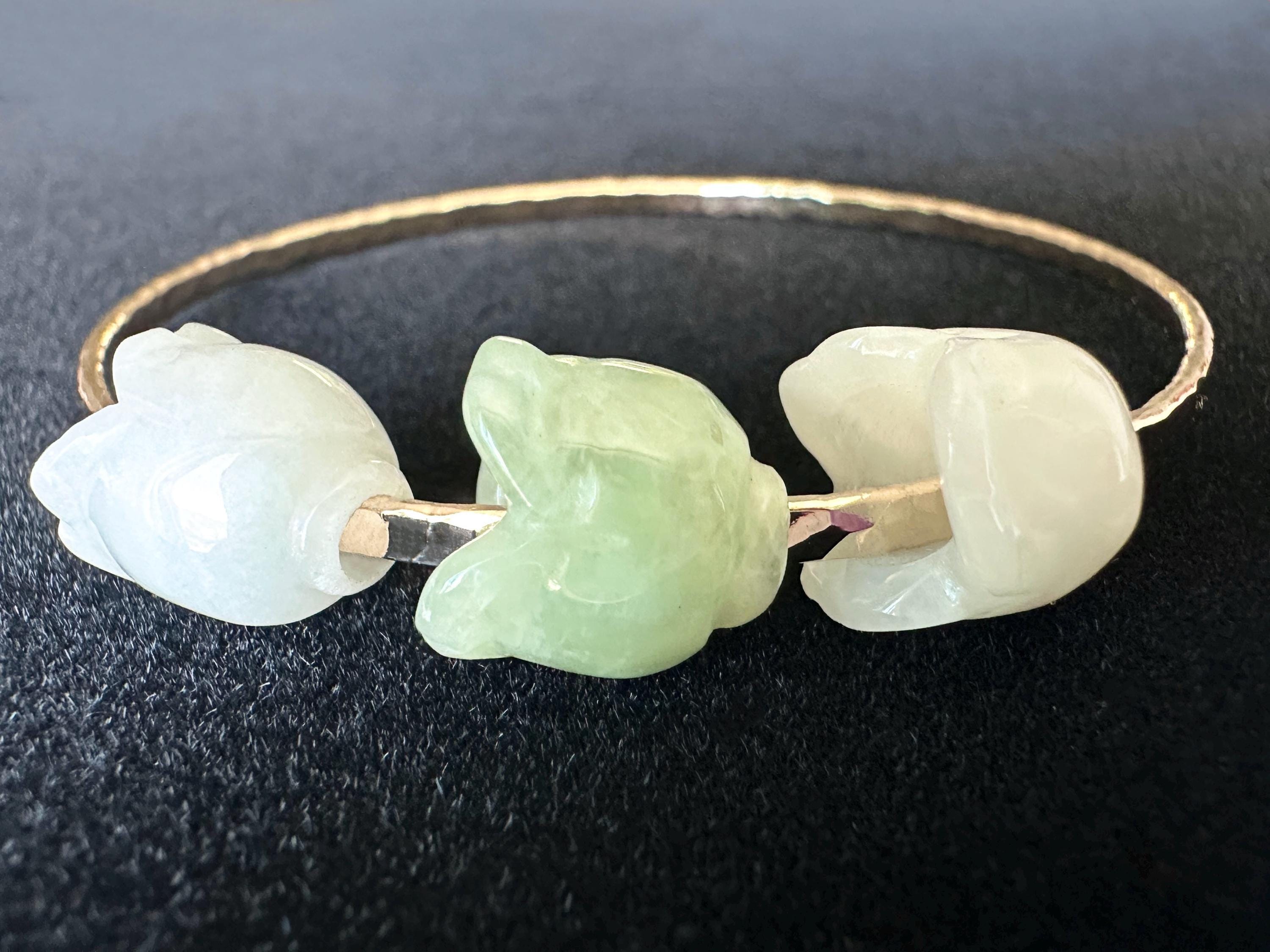 Triple Jade Flower Hammered Bangle with Type A Natural Untreated Burmese Jadeite