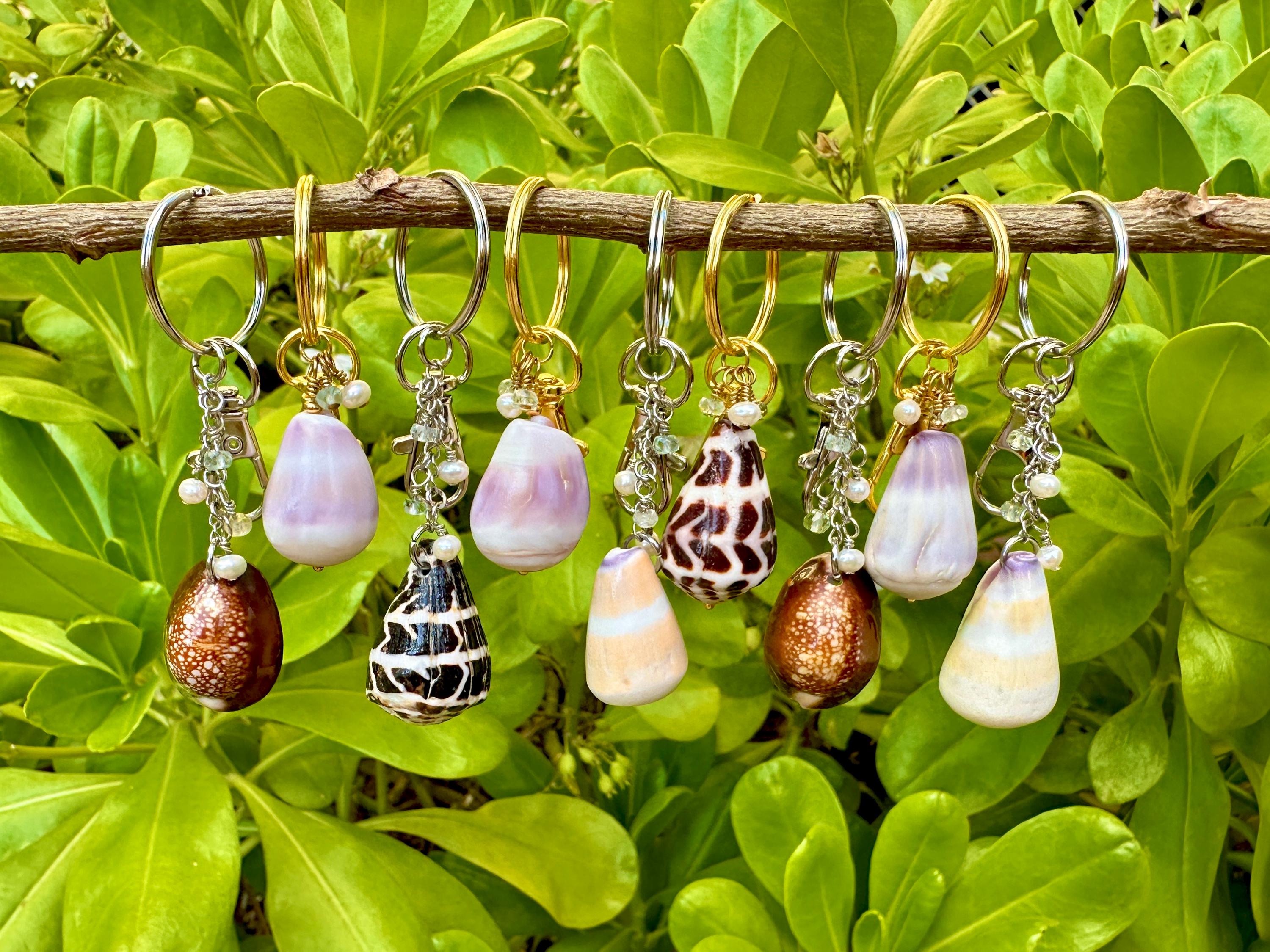 Hawaiian Cone or Cowrie Shell Keychain with Freshwater Pearls and Aquamarine