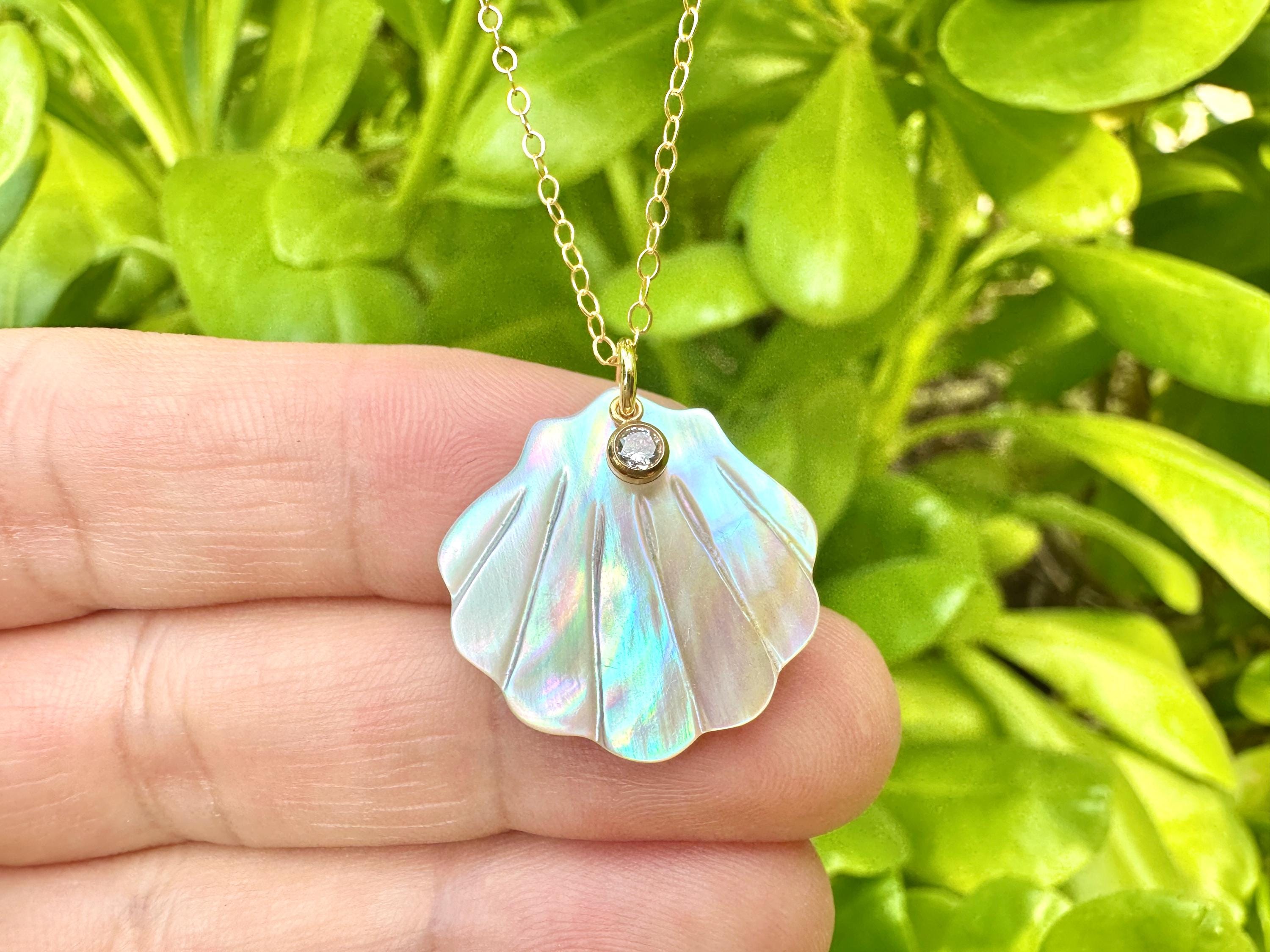 Mother of Pearl Scallop Shell with Sparkling Cubic Zirconia Charm Necklace on 14K Gold Filled Chain
