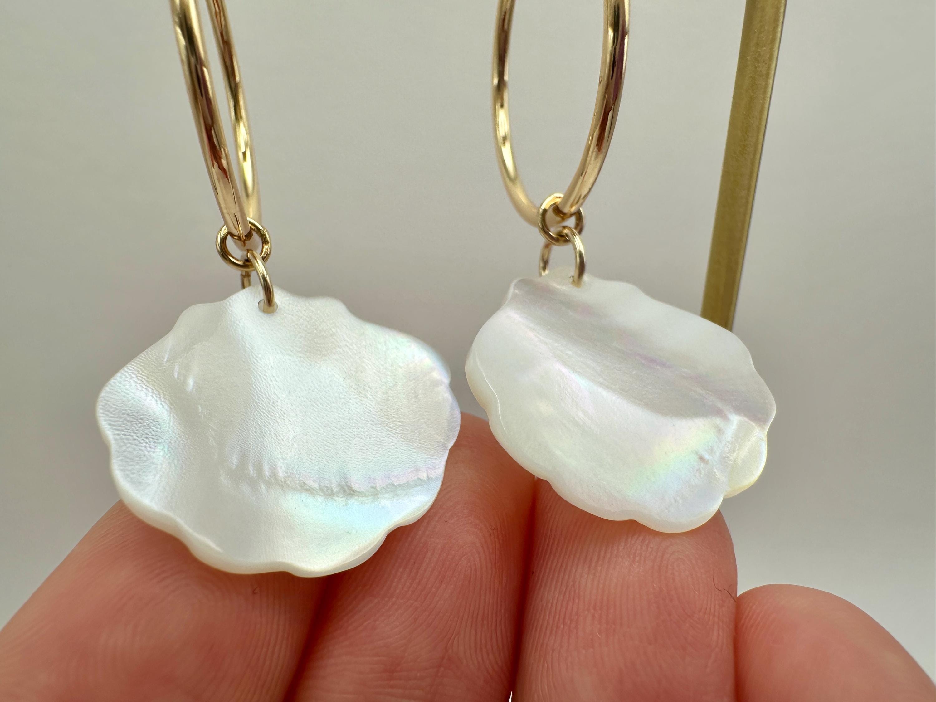 Mother of Pearl Scallop Shell with Sparkling Cubic Zirconia Charm 18K Gold Filled Hoop Earrings
