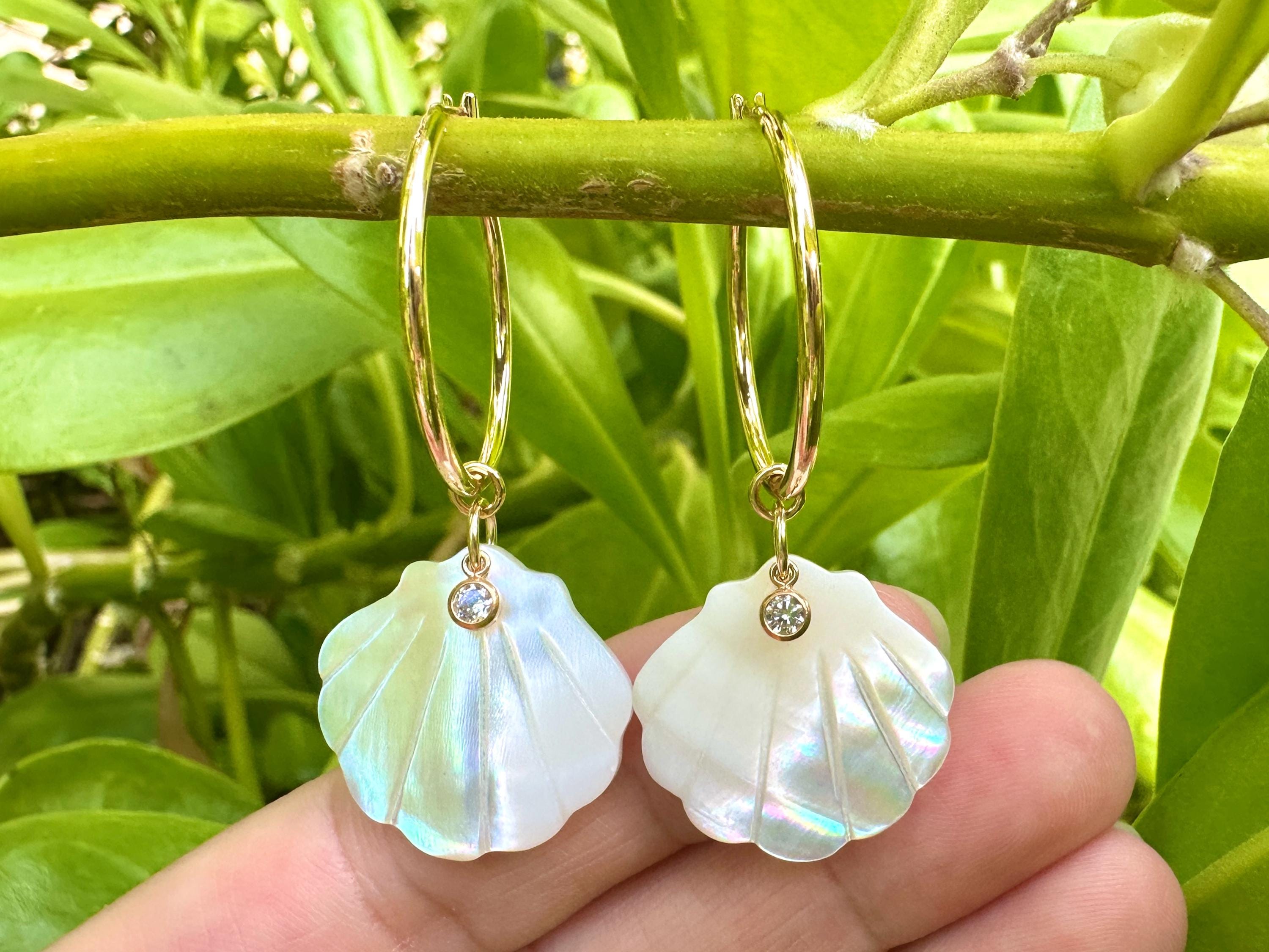 Mother of Pearl Scallop Shell with Sparkling Cubic Zirconia Charm 18K Gold Filled Hoop Earrings
