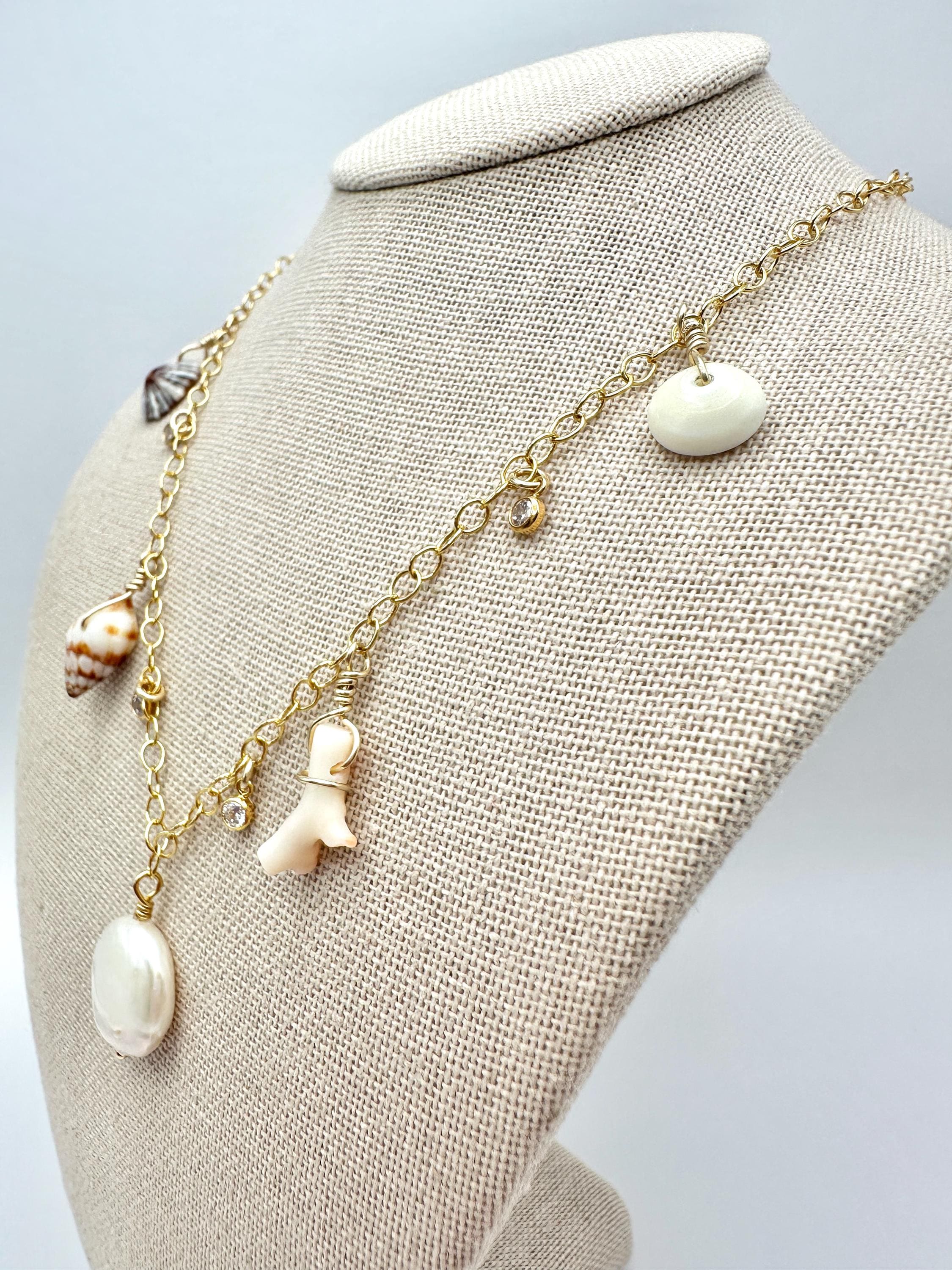 Freshwater Pearl Coin, Handpicked Shells, Coral and Sparkling Cubic Zirconia Charm Necklace on 14K Gold Filled Chain