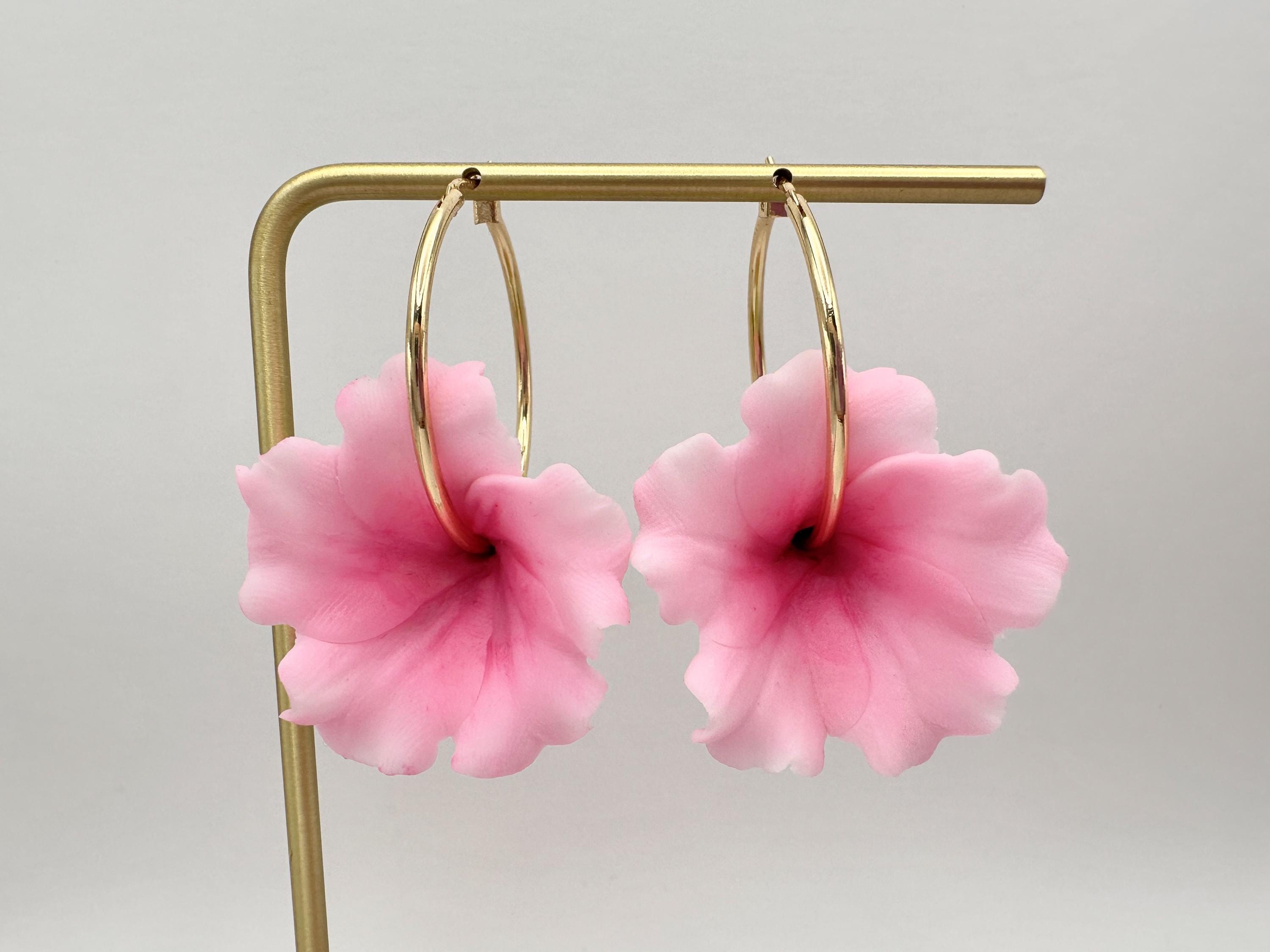Pink Hibiscus 18K Gold Filled Hoop Earrings Hawaiian Clay Flowers