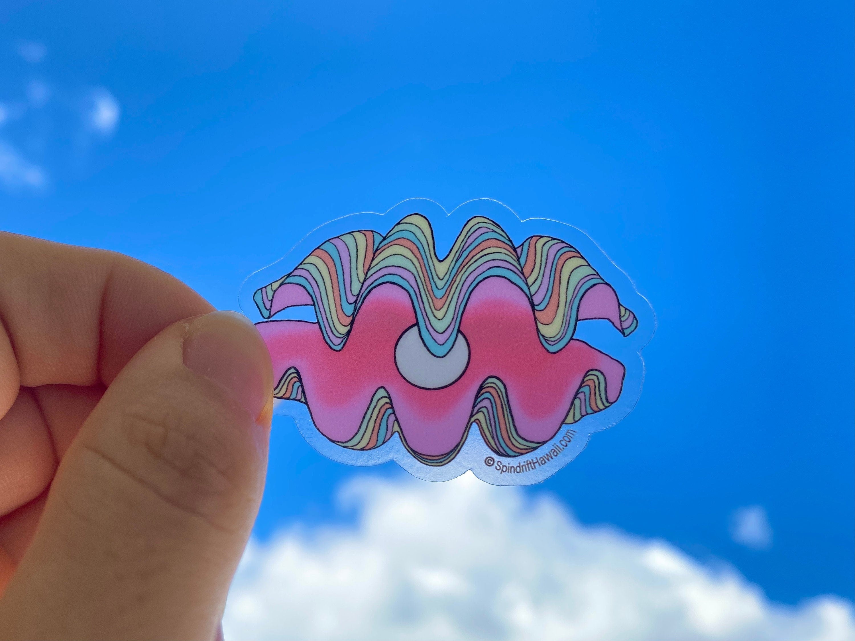 Rainbow Clam Shell with Pearl Clear 2” Vinyl Die Cut Sticker
