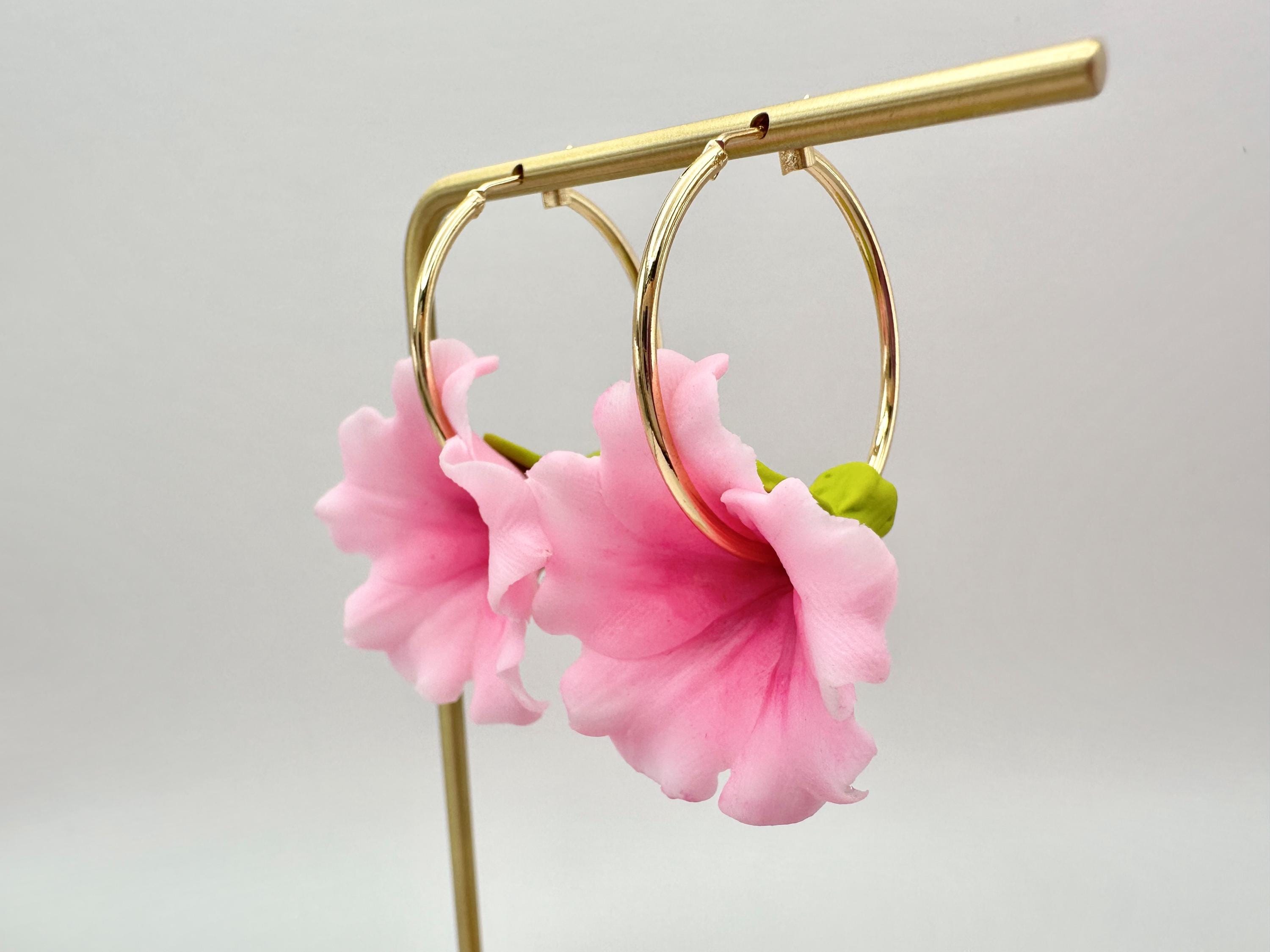 Pink Hibiscus 18K Gold Filled Hoop Earrings Hawaiian Clay Flowers