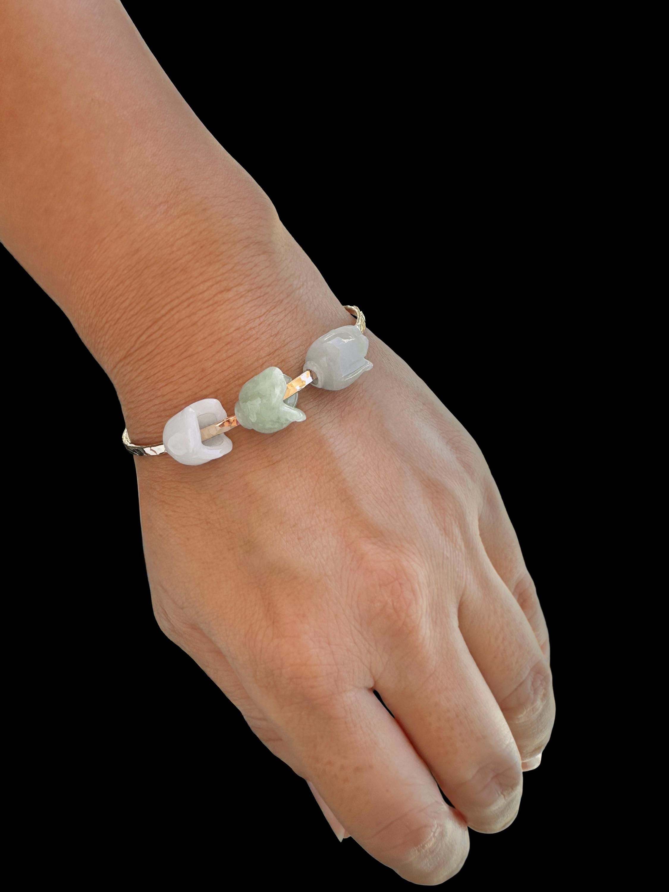 Triple Jade Flower Hammered Bangle with Type A Natural Untreated Burmese Jadeite