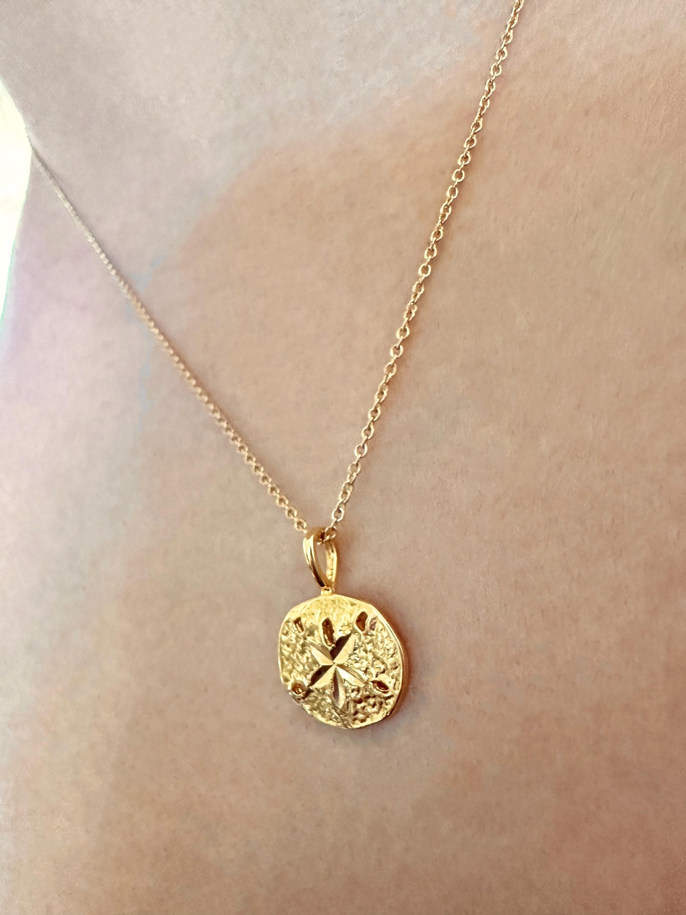 Gold Vermeil Sand Dollar Shell Charm Necklace on 14K Gold Filled Chain