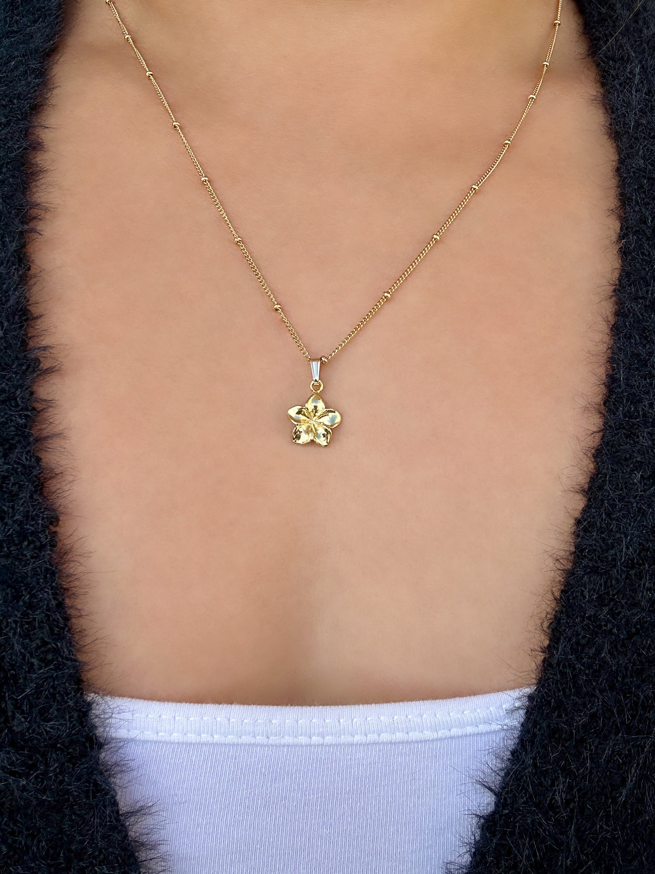 Plumeria Flower Hawaiian Frangipani Charm Necklace on 14K Gold Filled Chain