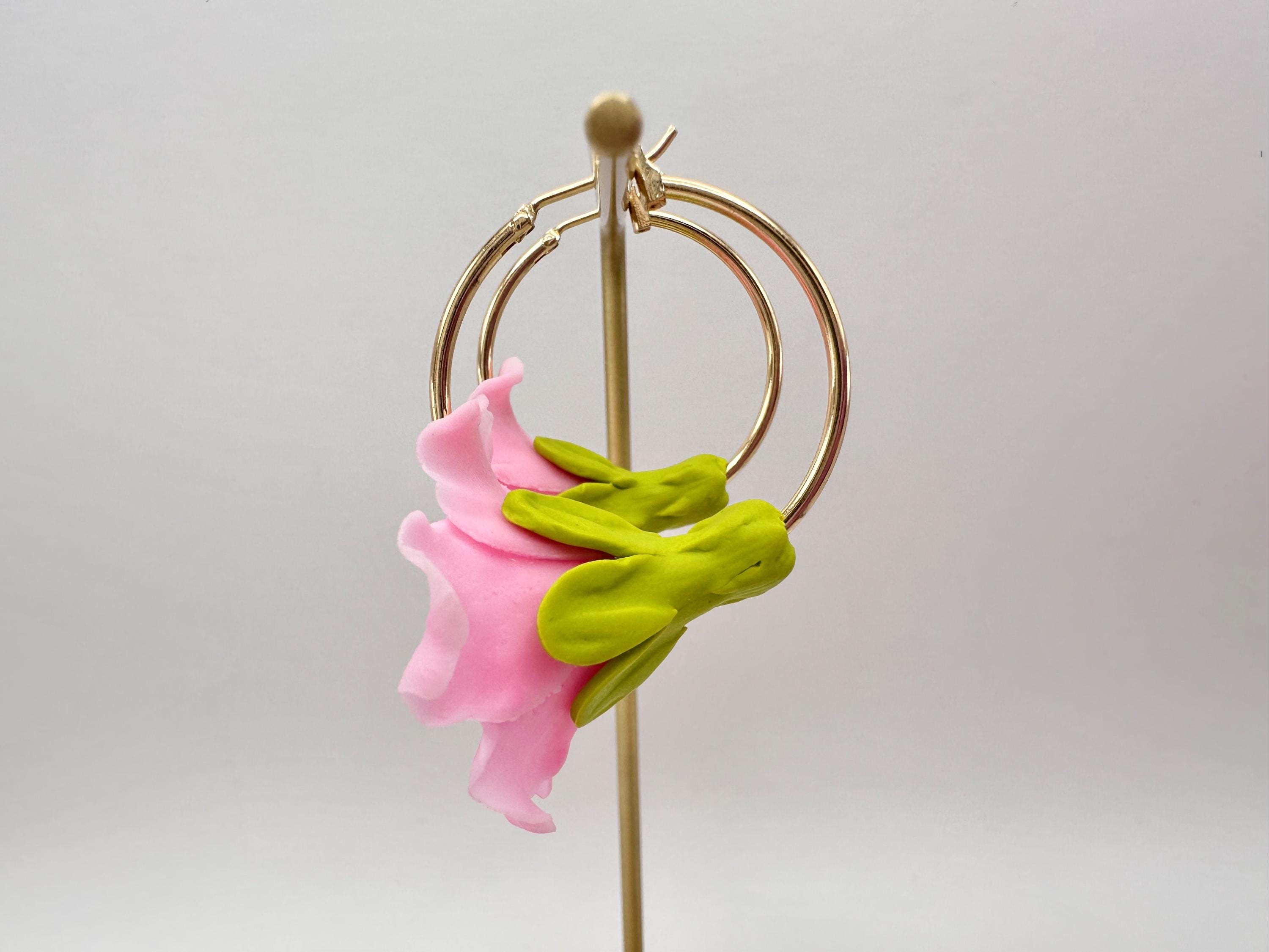 Pink Hibiscus 18K Gold Filled Hoop Earrings Hawaiian Clay Flowers