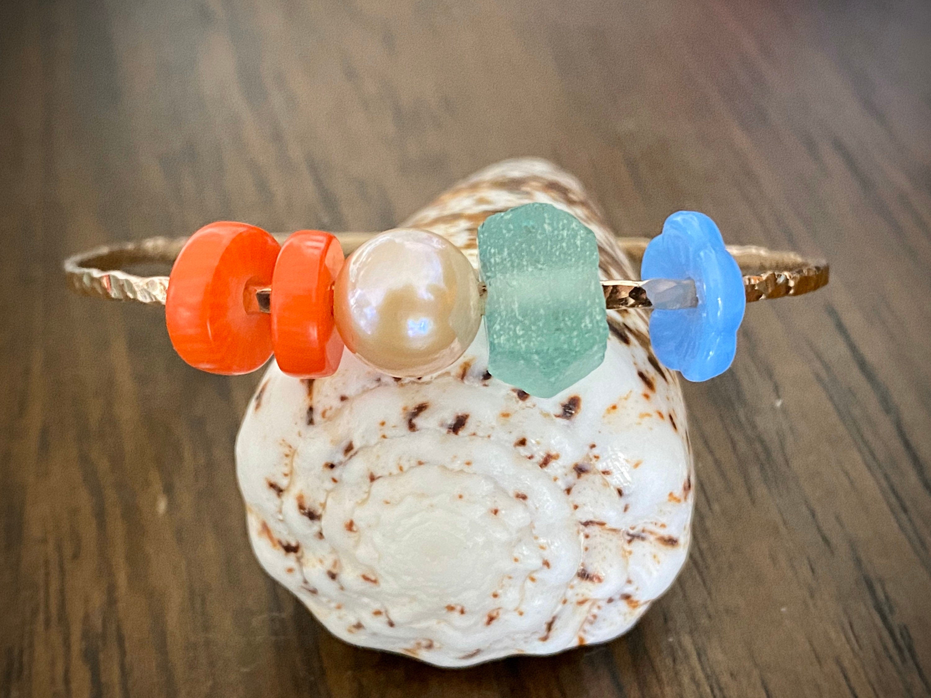 Hammered Bangle with Sea Glass, Orange Coral, Semi Precious Flower and Mauve Pink Freshwater Pearl