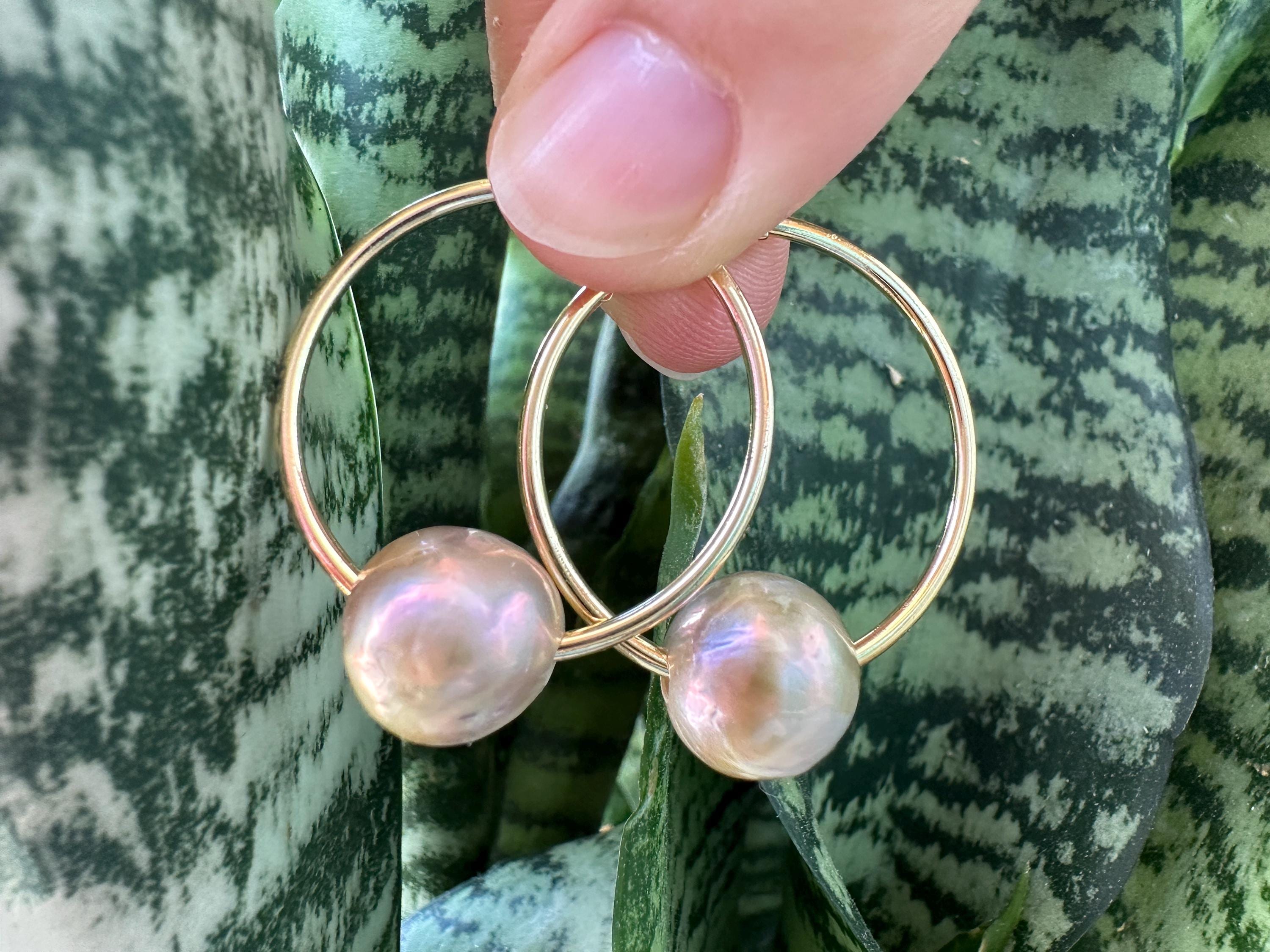Floating Freshwater Pearl 18K Gold Filled Hoop Earrings
