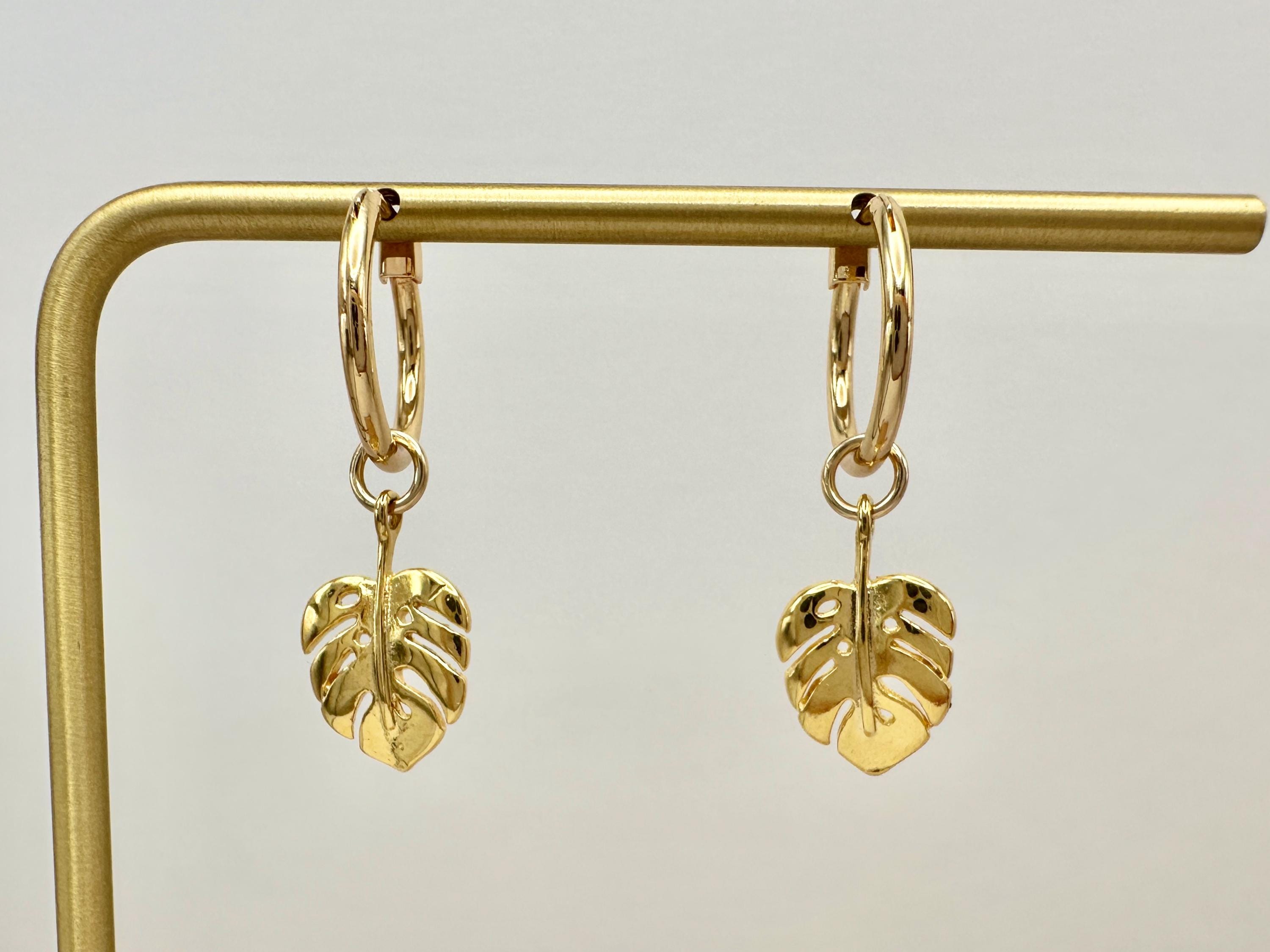 Monstera Leaf Charm 18K Gold Filled Hoop Earrings
