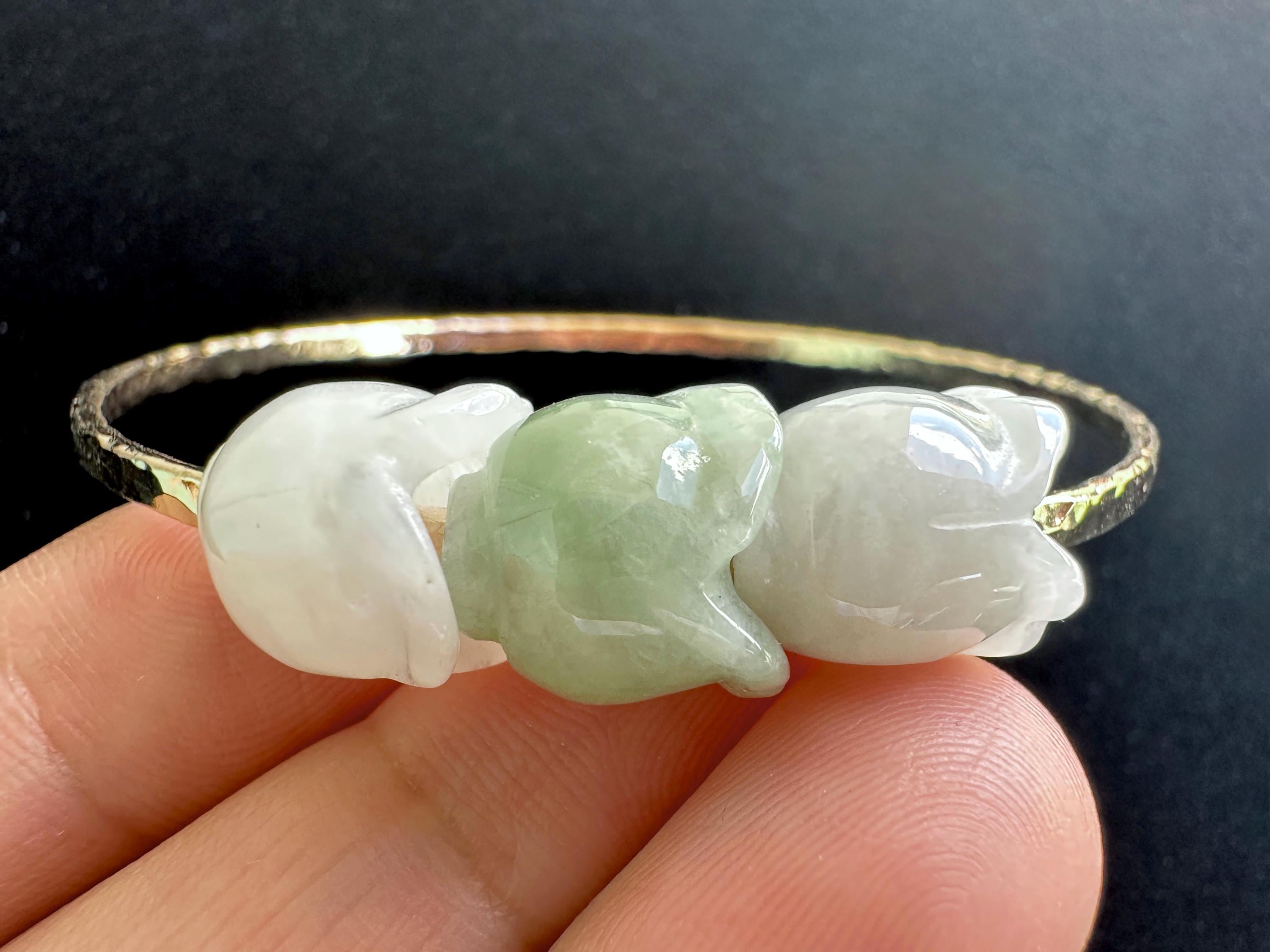Triple Jade Flower Hammered Bangle with Type A Natural Untreated Burmese Jadeite