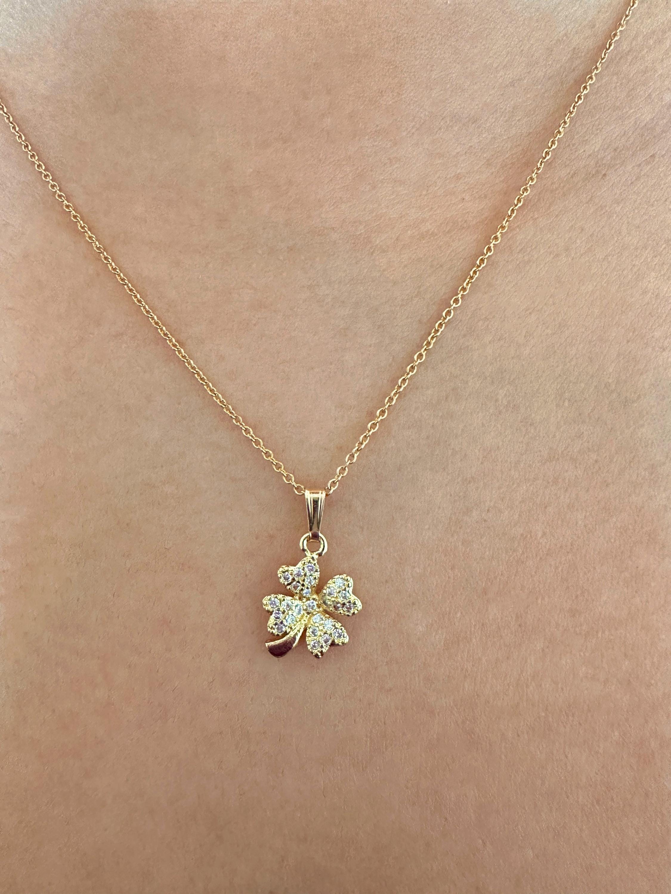 14K Gold Filled Sparkling 4-Leaf Clover Shamrock Charm Necklace Cubic Zirconia Studded