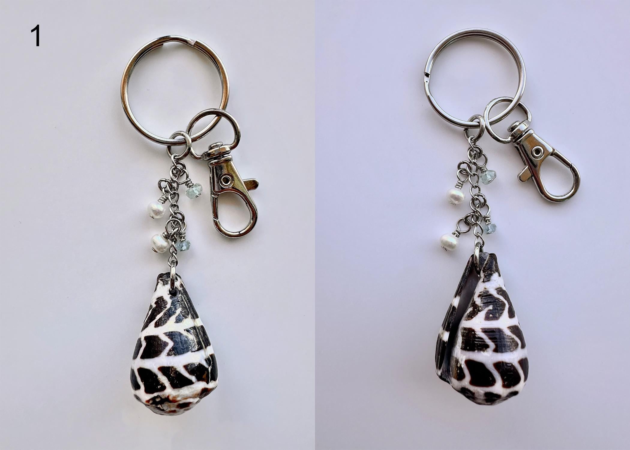 Hawaiian Cone or Cowrie Shell Keychain with Freshwater Pearls and Aquamarine