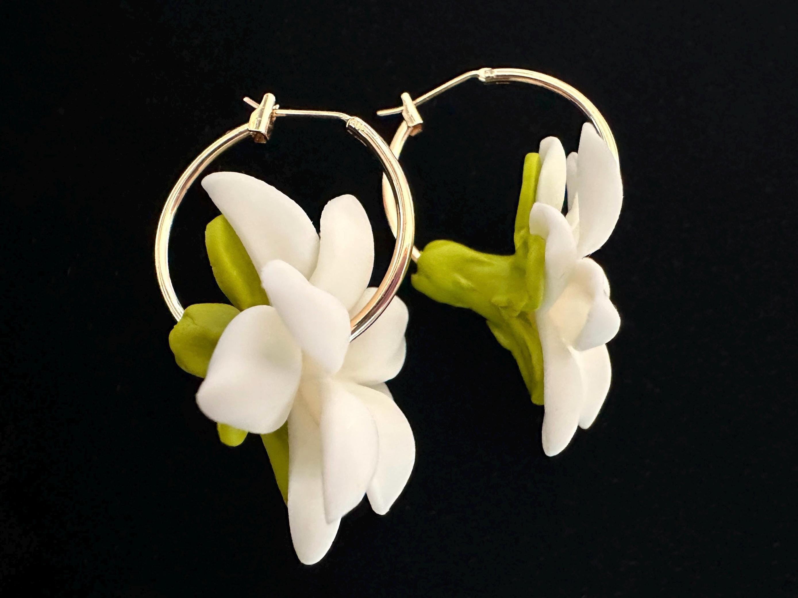 White Pikake 18K Gold Filled Hoop Earrings Hawaiian Jasmine Clay Flowers