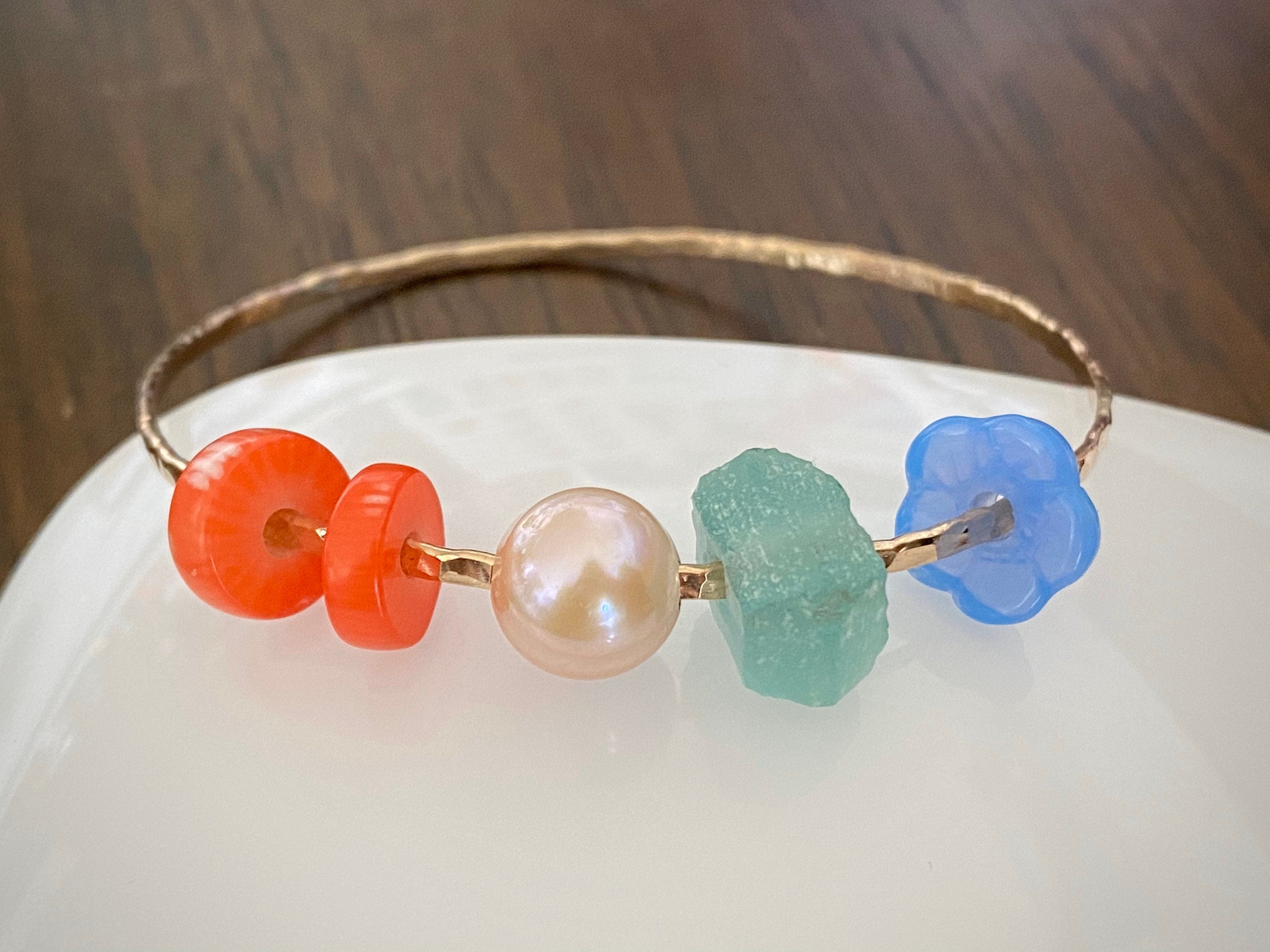 Hammered Bangle with Sea Glass, Orange Coral, Semi Precious Flower and Mauve Pink Freshwater Pearl