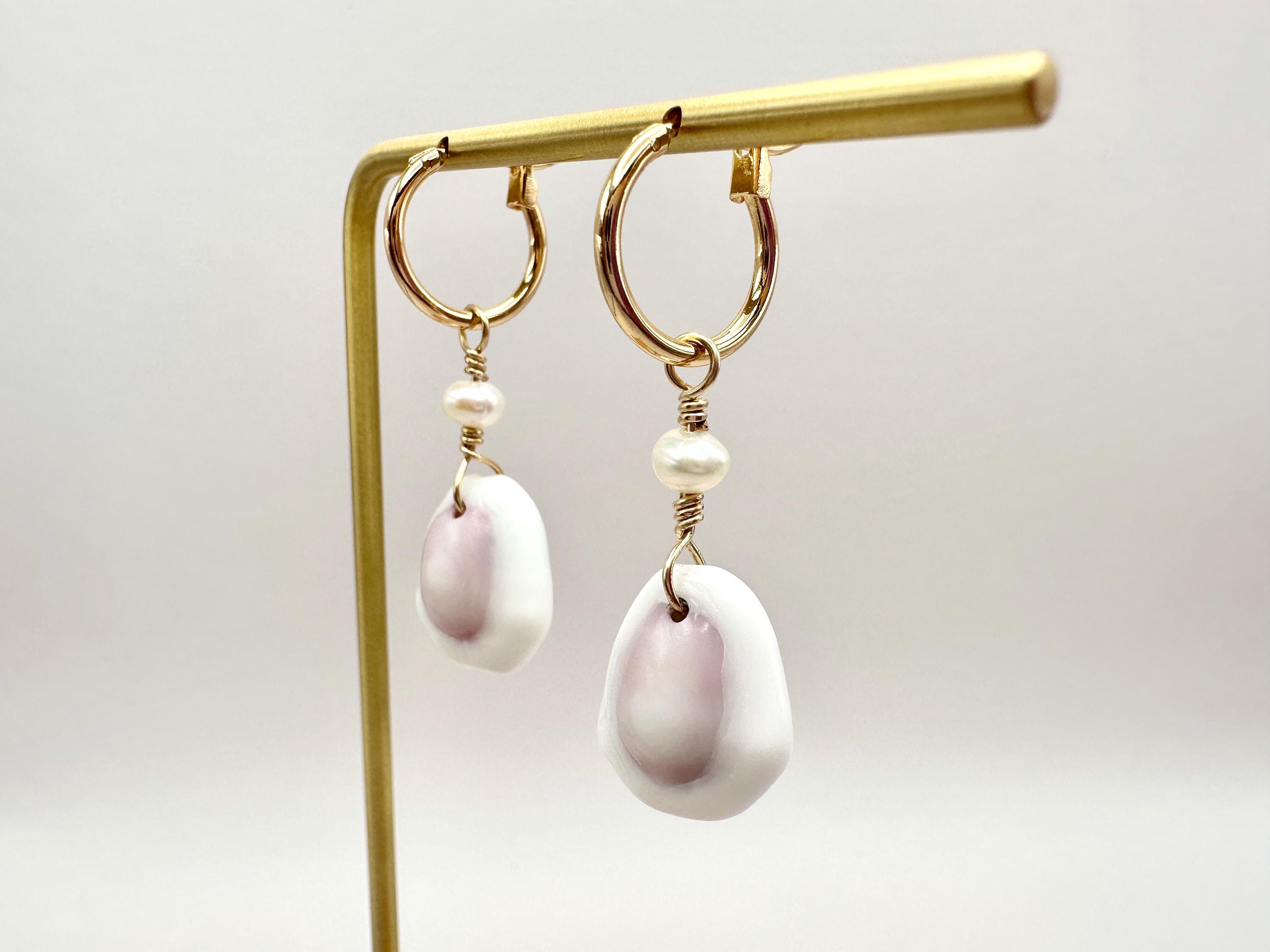 Purple and White Money Cowrie Shell 18K Gold Filled Hoop Earrings with Mini Freshwater Pearls