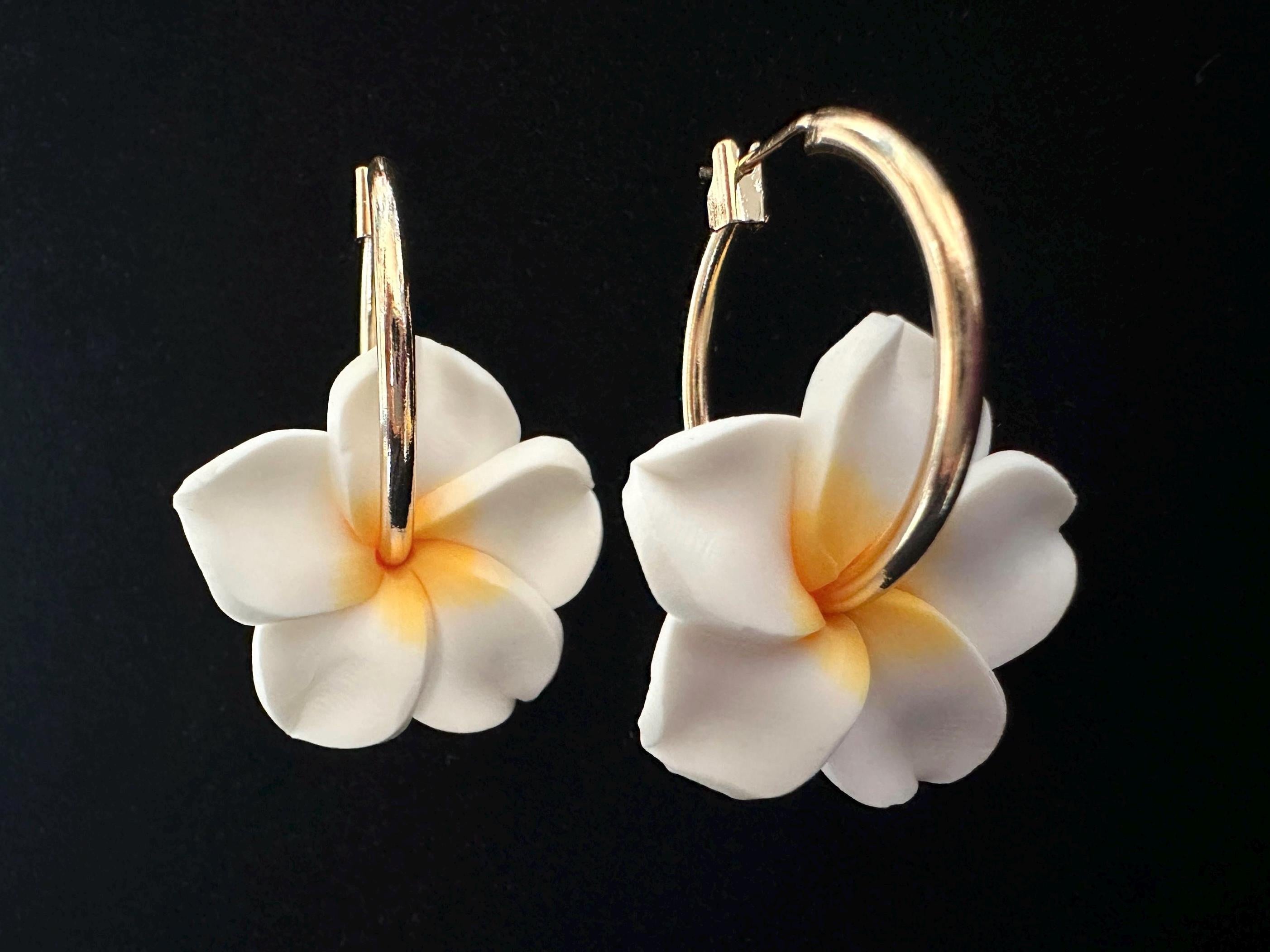 Gold Hoop Plumeria Earrings Hawaiian Frangipani Polymer Clay Flowers