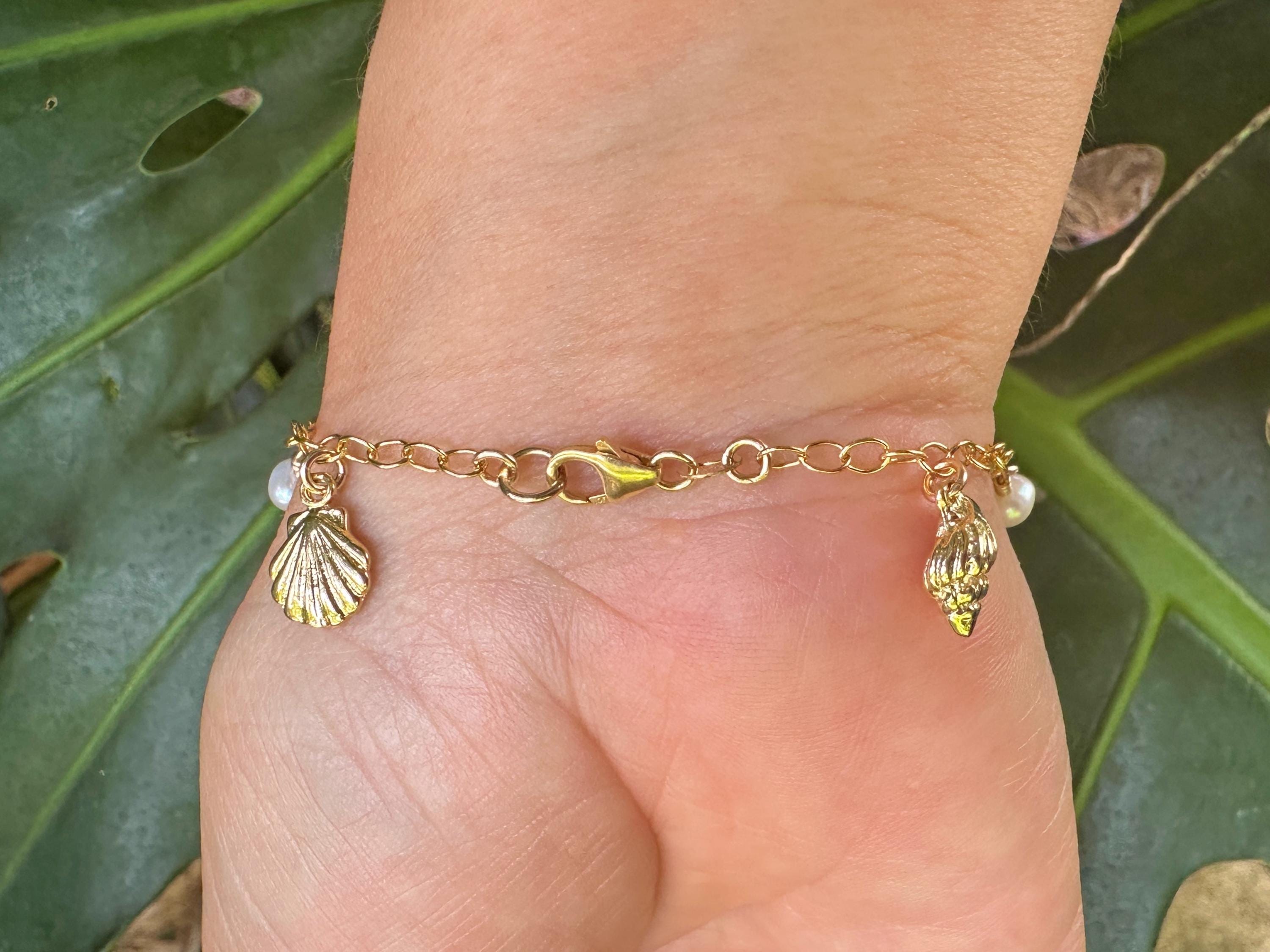 Ocean Inspired Charms and Freshwater Pearl Bracelet on 14K Gold Filled Chain