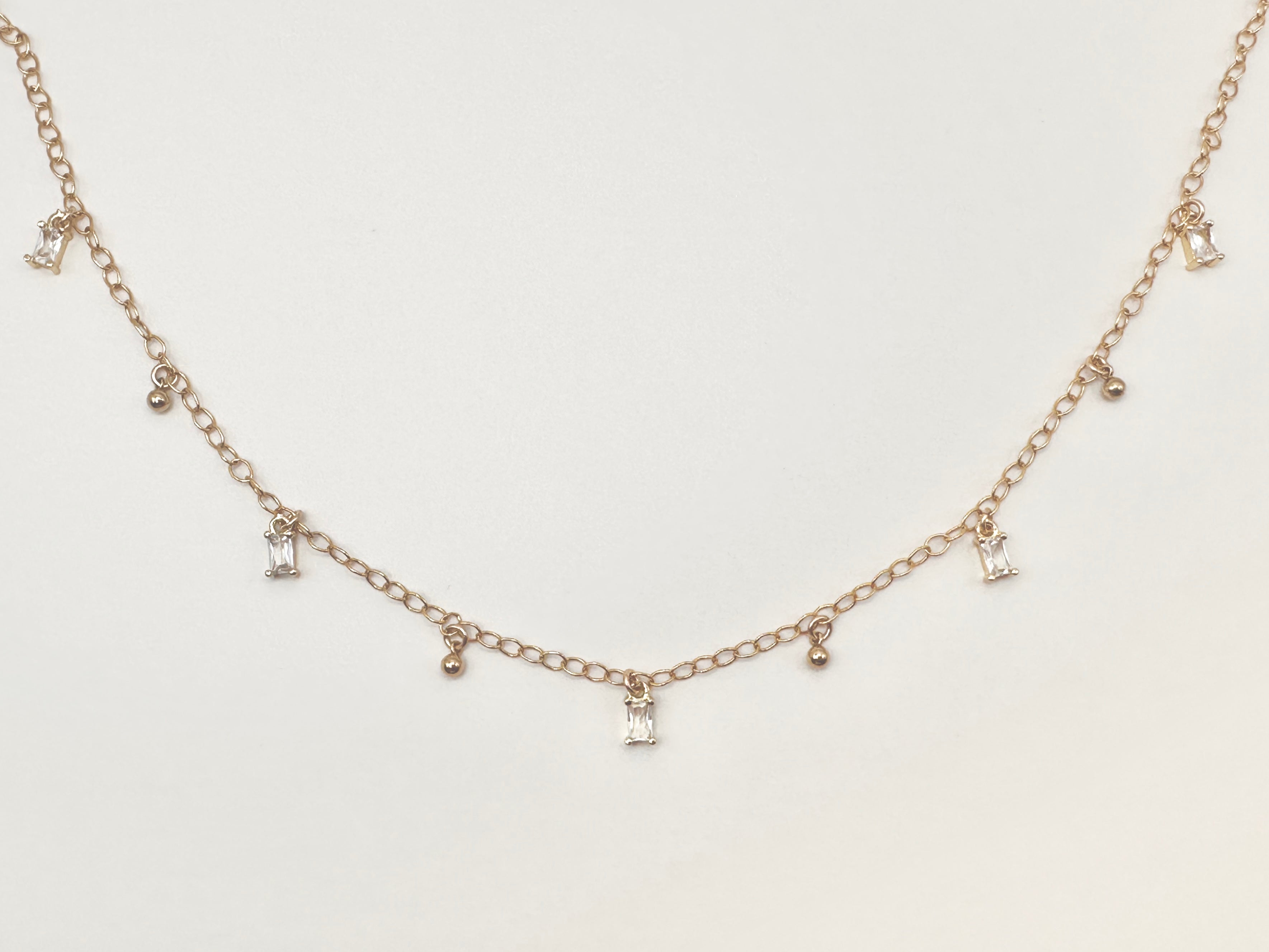 Sparkling Cubic Zirconia Baguette and Ball Drop Charm Necklace on 14K Gold Filled Chain
