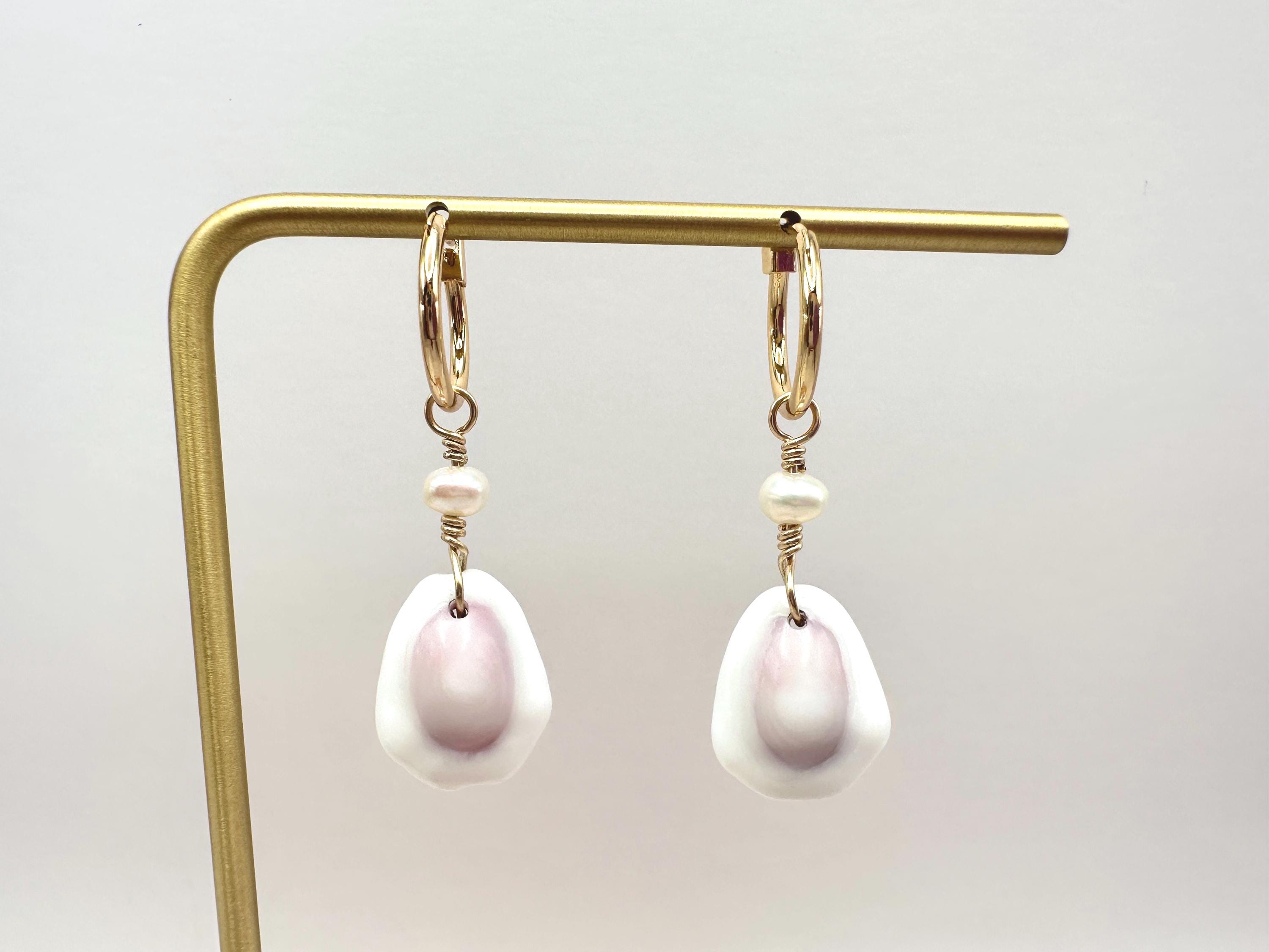 Purple and White Money Cowrie Shell 18K Gold Filled Hoop Earrings with Mini Freshwater Pearls