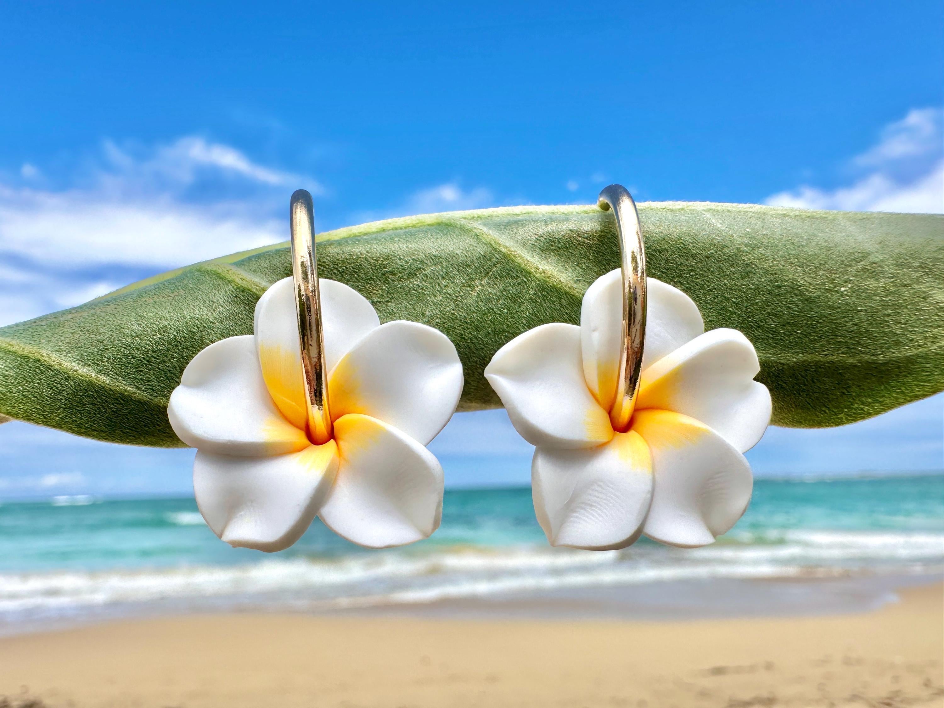 Gold Hoop Plumeria Earrings Hawaiian Frangipani Polymer Clay Flowers