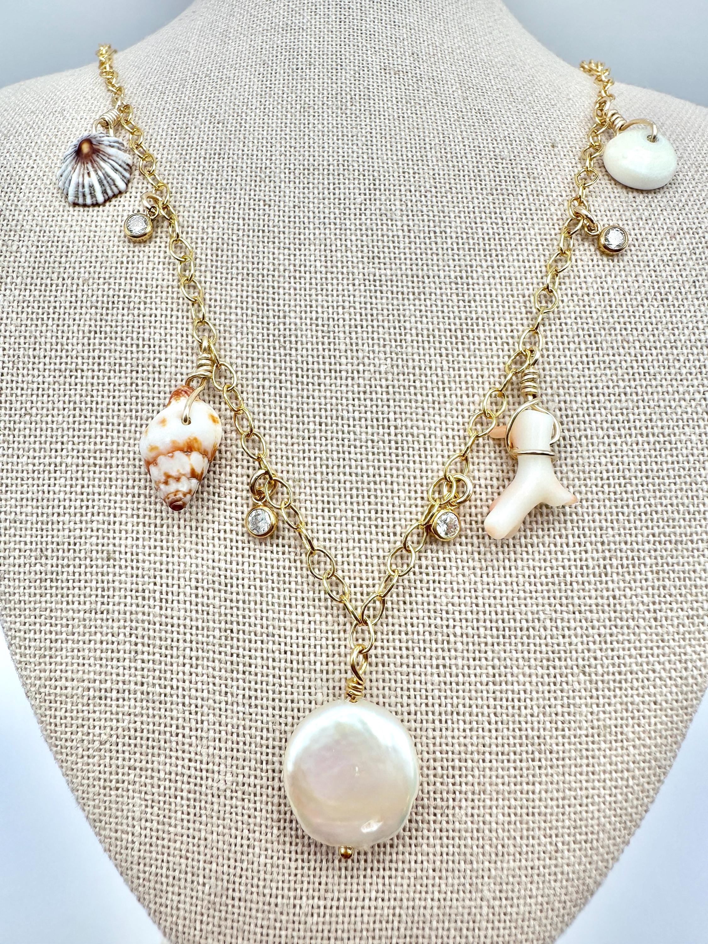 Freshwater Pearl Coin, Handpicked Shells, Coral and Sparkling Cubic Zirconia Charm Necklace on 14K Gold Filled Chain