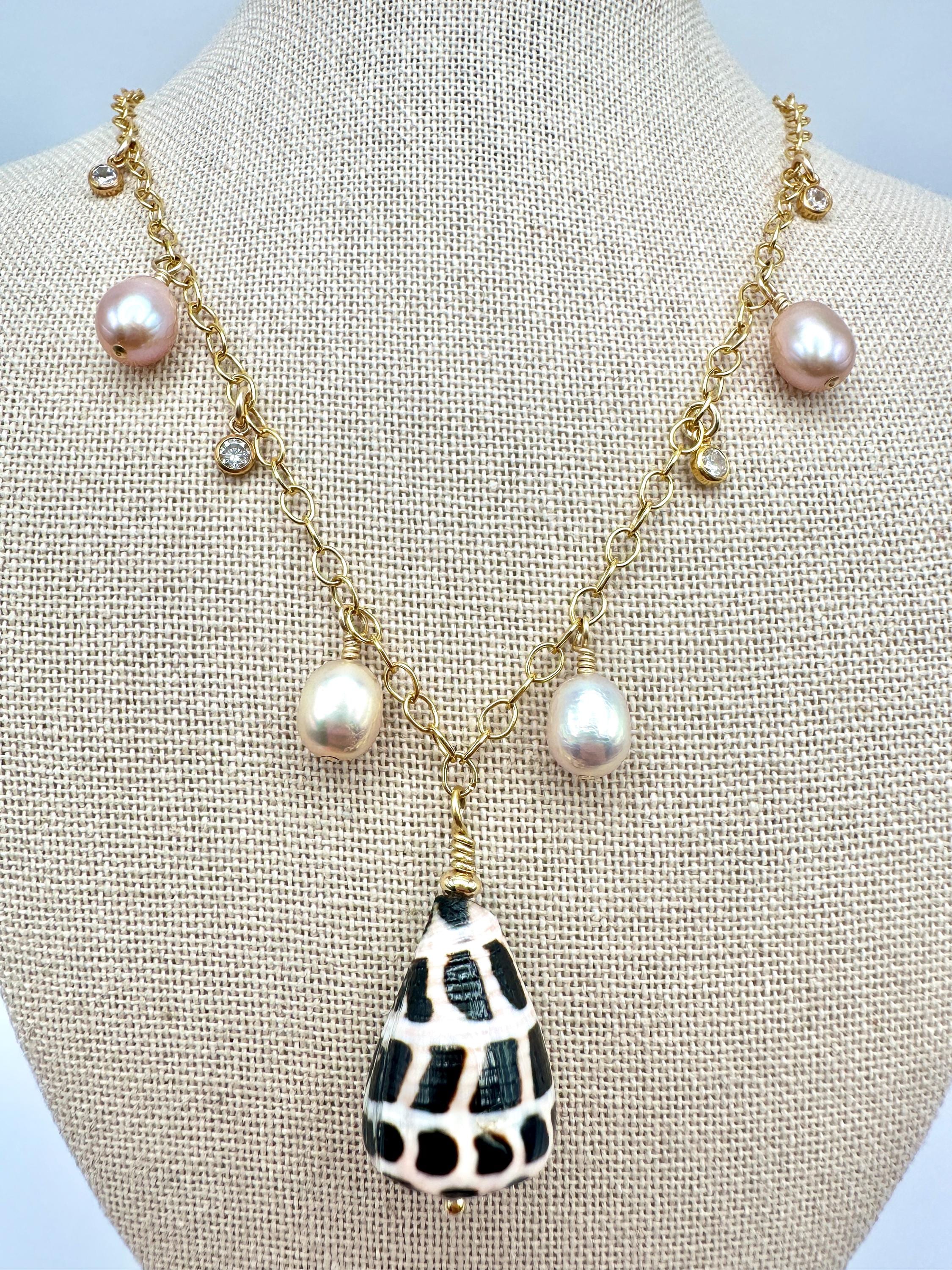 Hebrew Cone Shell, Freshwater Pearl and Sparkling Cubic Zirconia Charm Necklace on 14K Gold Filled Chain