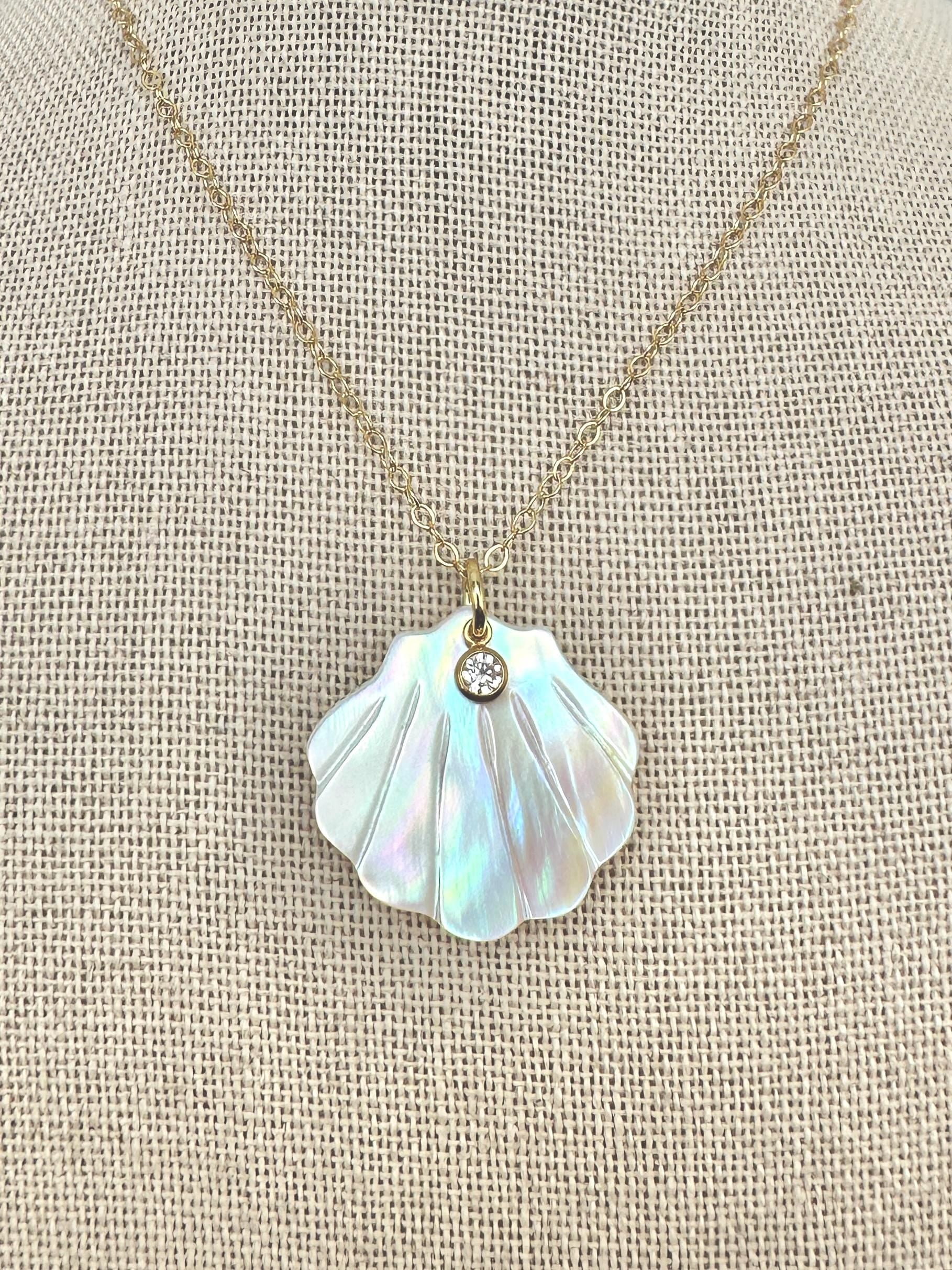 Mother of Pearl Scallop Shell with Sparkling Cubic Zirconia Charm Necklace on 14K Gold Filled Chain