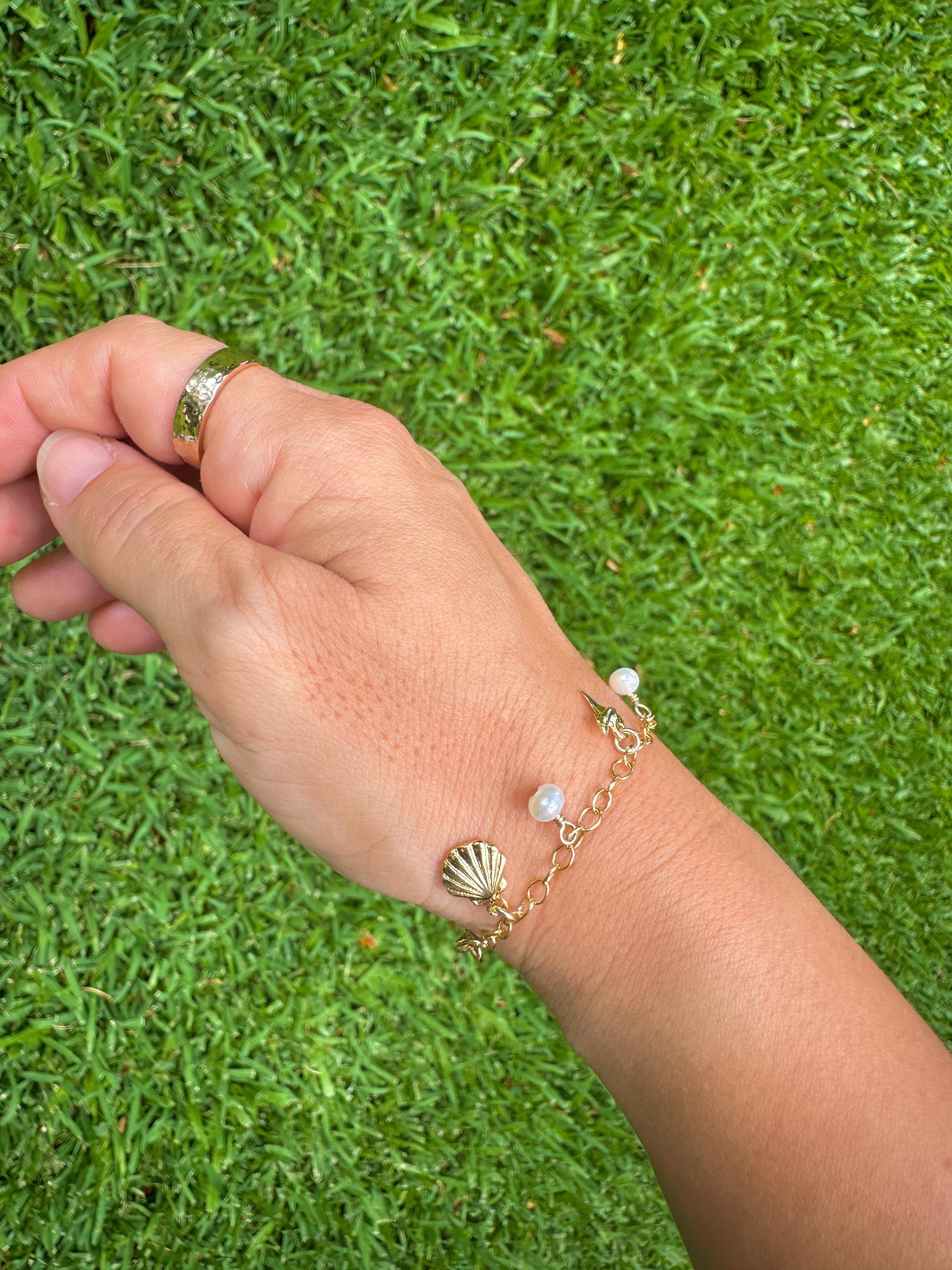 Ocean Inspired Charms and Freshwater Pearl Bracelet on 14K Gold Filled Chain