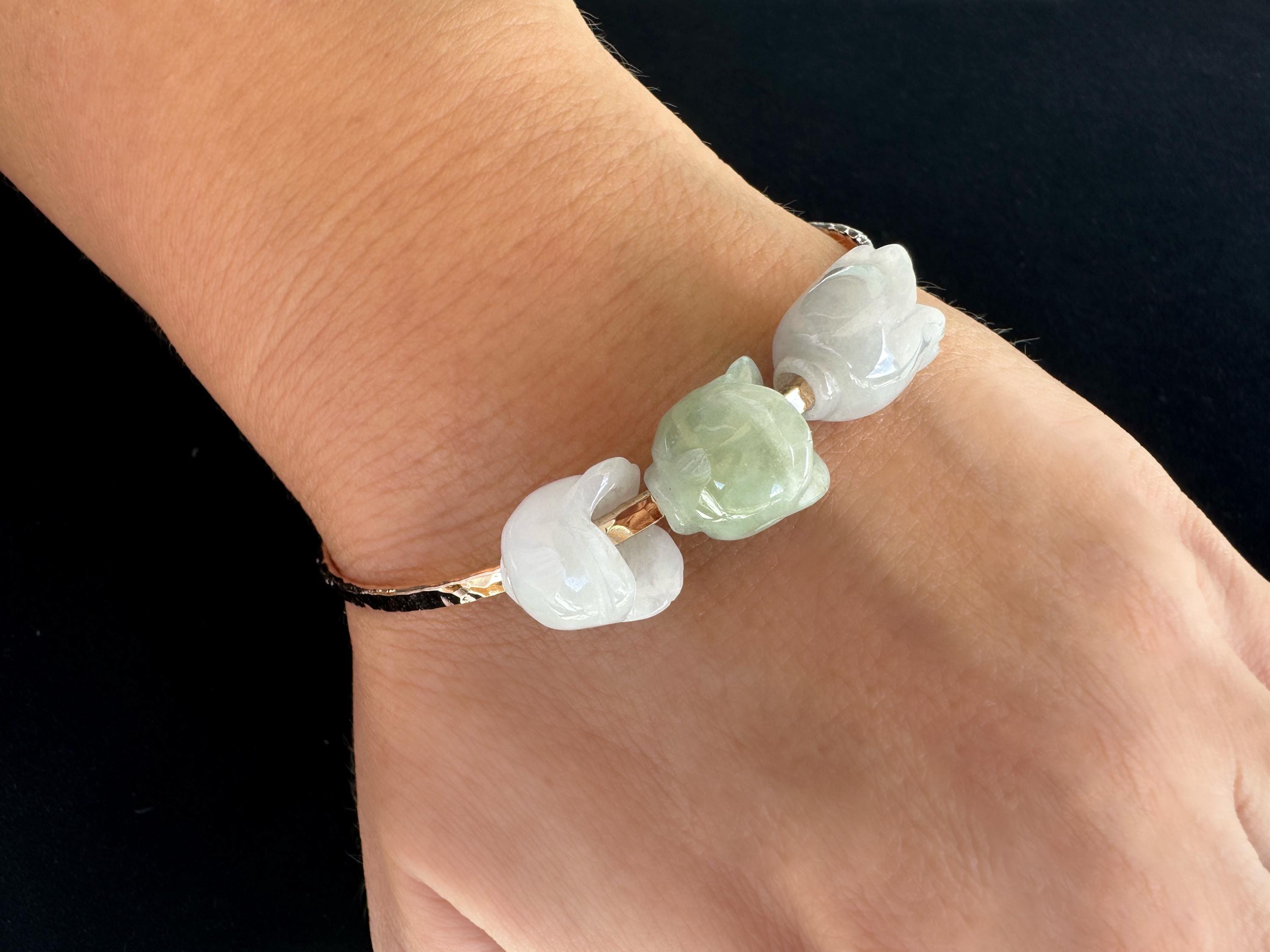Triple Jade Flower Hammered Bangle with Type A Natural Untreated Burmese Jadeite