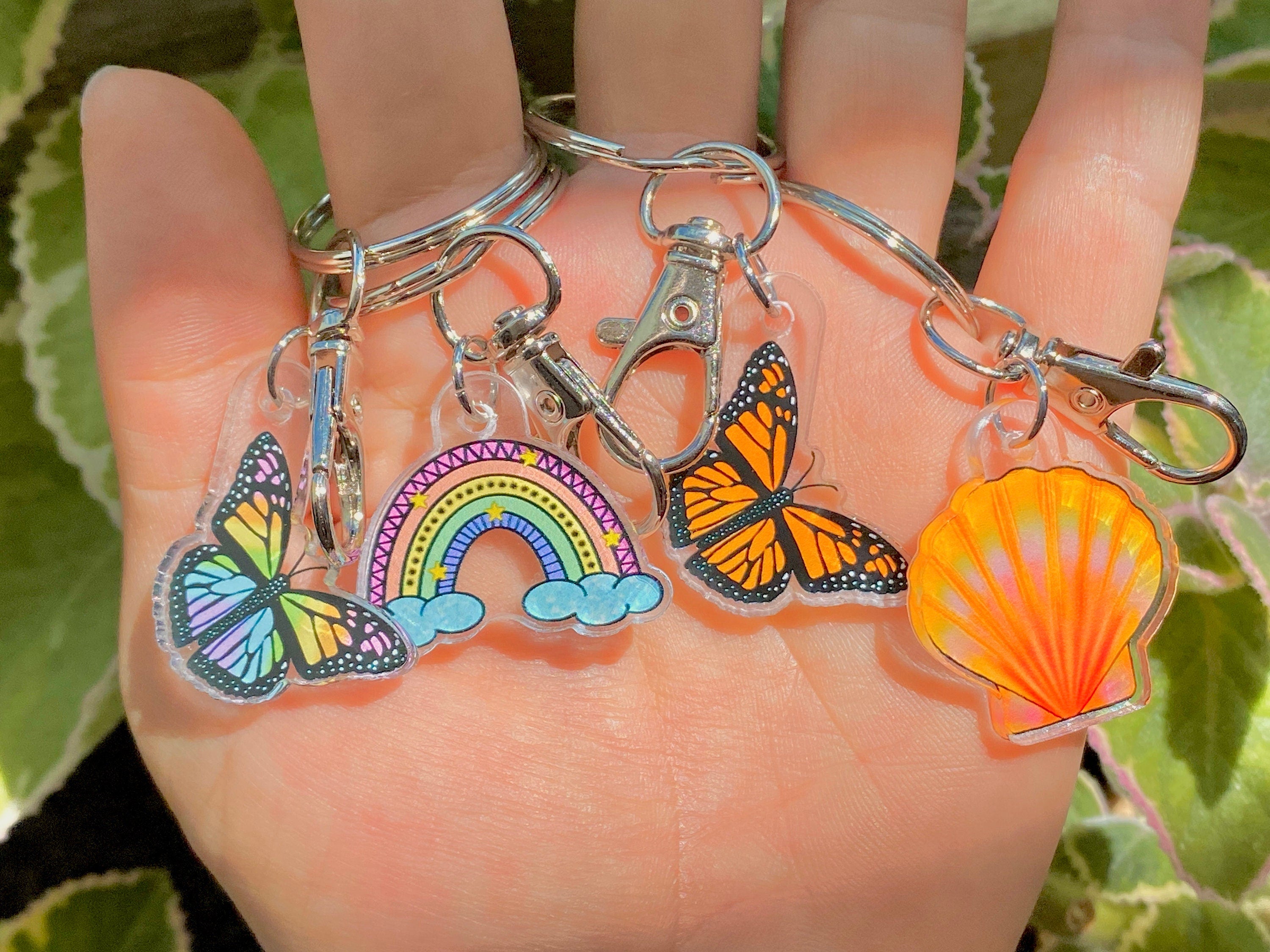 Acrylic 1" Charm Keychain - Rainbow, Monarch Butterfly, Sunrise Shell