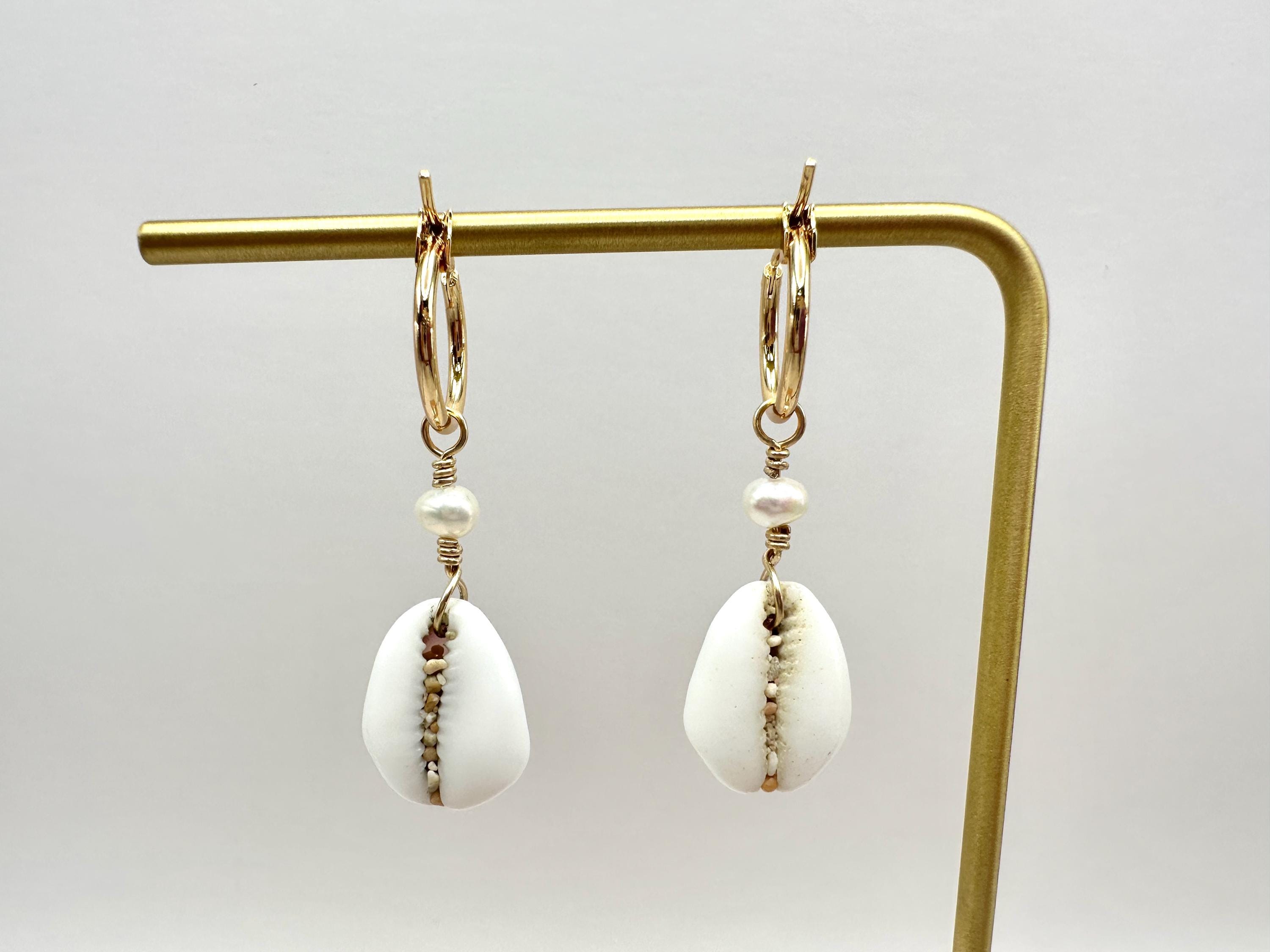 Purple and White Money Cowrie Shell 18K Gold Filled Hoop Earrings with Mini Freshwater Pearls
