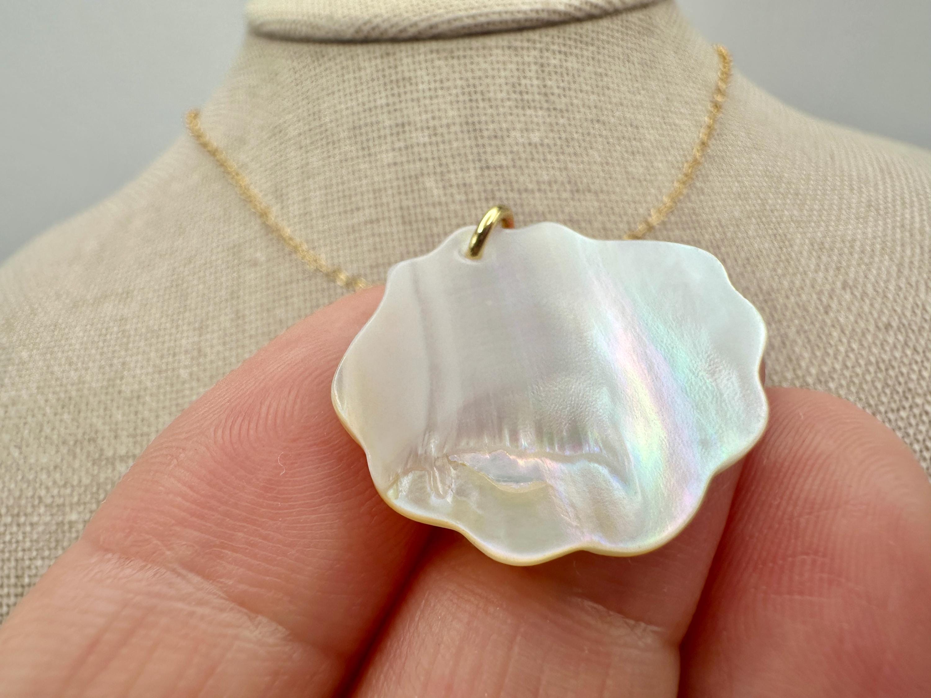 Mother of Pearl Scallop Shell with Sparkling Cubic Zirconia Charm Necklace on 14K Gold Filled Chain