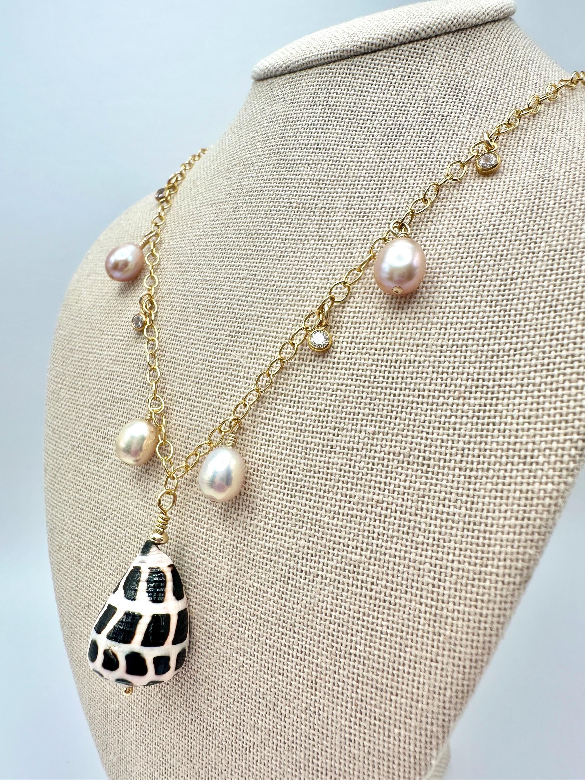 Hebrew Cone Shell, Freshwater Pearl and Sparkling Cubic Zirconia Charm Necklace on 14K Gold Filled Chain